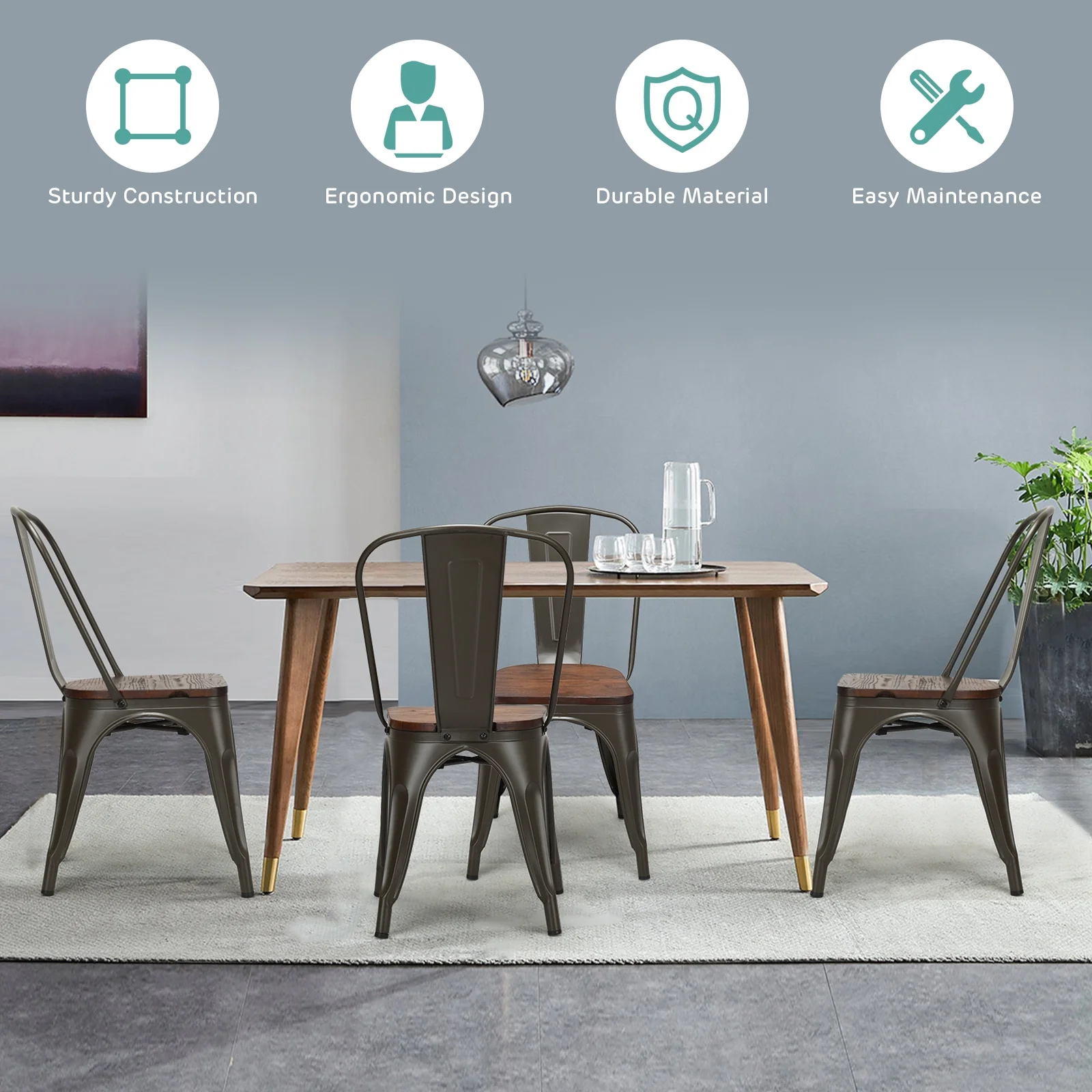 18 Inch Stackable Metal Wood Dining Chair Set of 4, Dark Green - Image 9