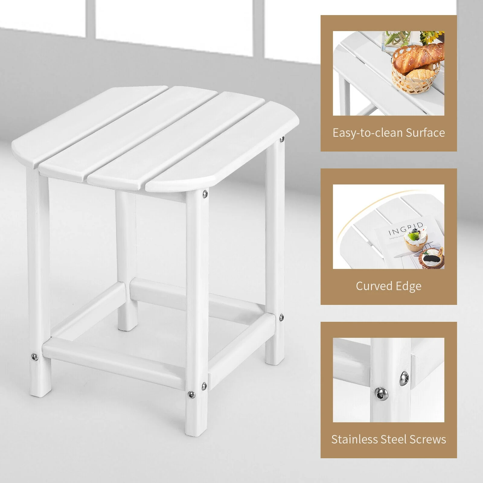 18 Inch Weather Resistant Side Table, Garden Patio Yard, White - Image 8