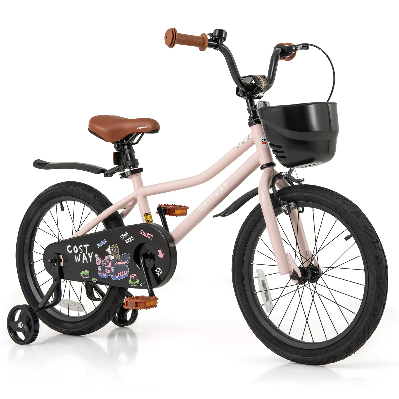 18 Inches Kids Bike With Basket, Adjustable Handlebar, 4-8 Years, Pink