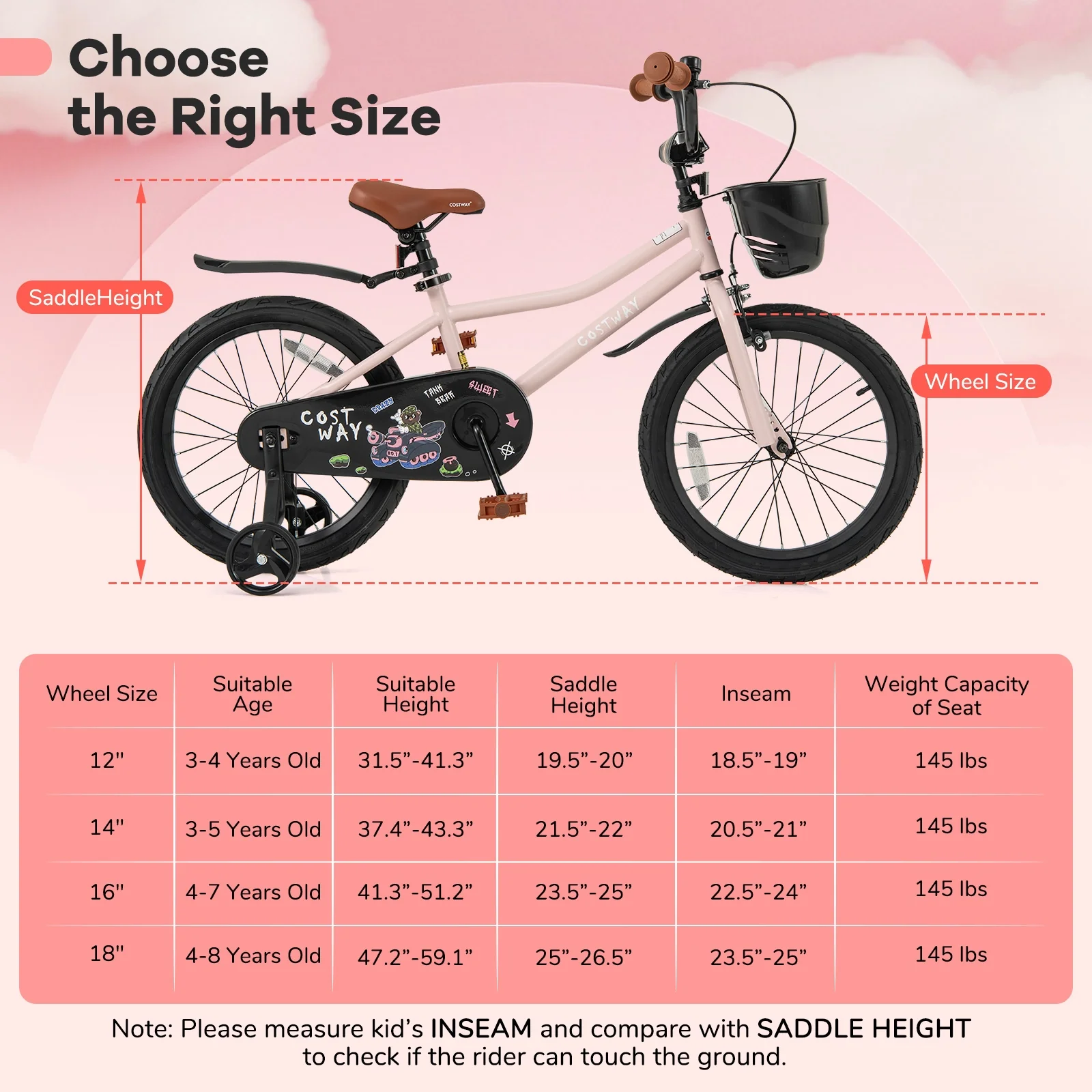 18 Inches Kids Bike With Basket, Adjustable Handlebar, 4-8 Years, Pink - Image 5