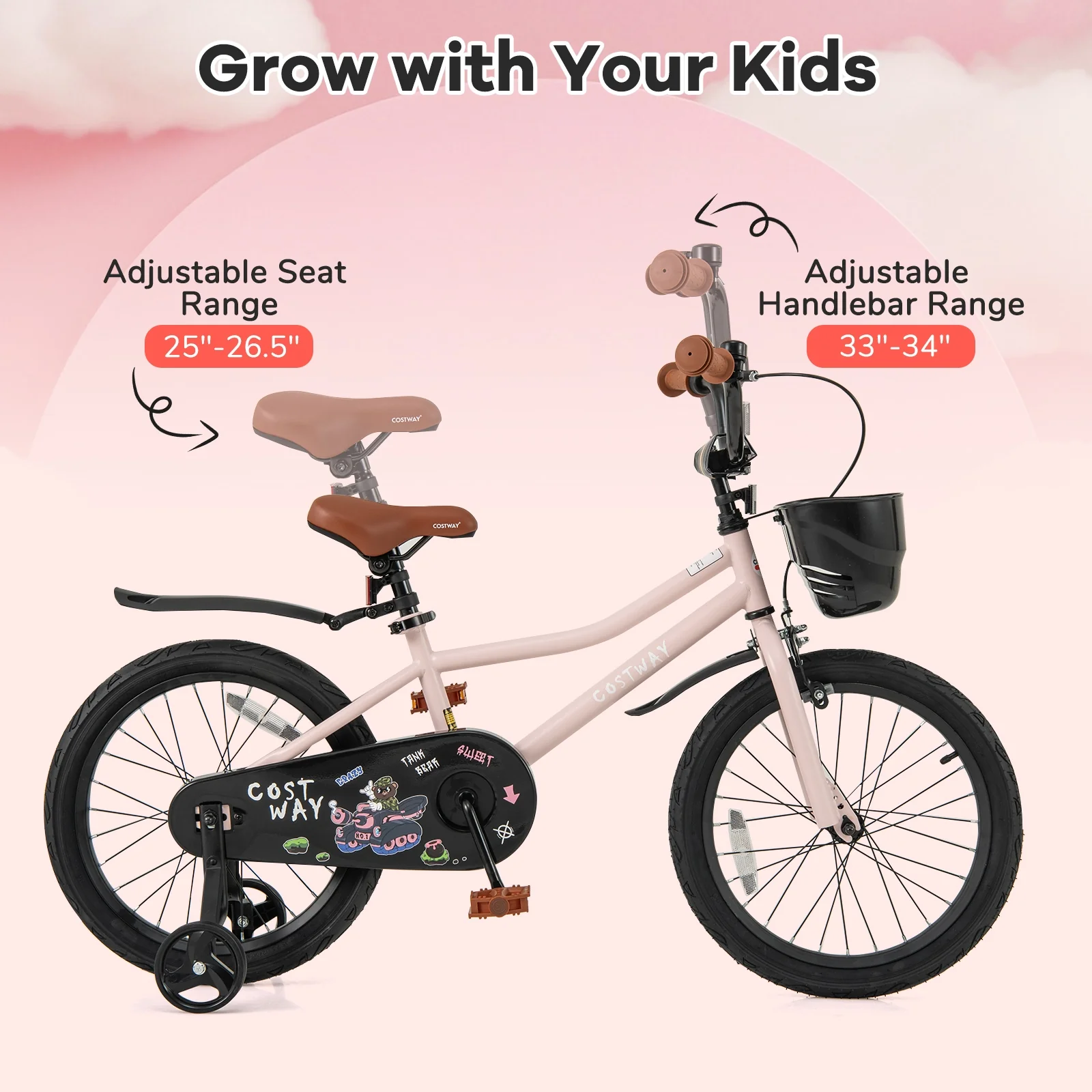 18 Inches Kids Bike With Basket, Adjustable Handlebar, 4-8 Years, Pink - Image 6
