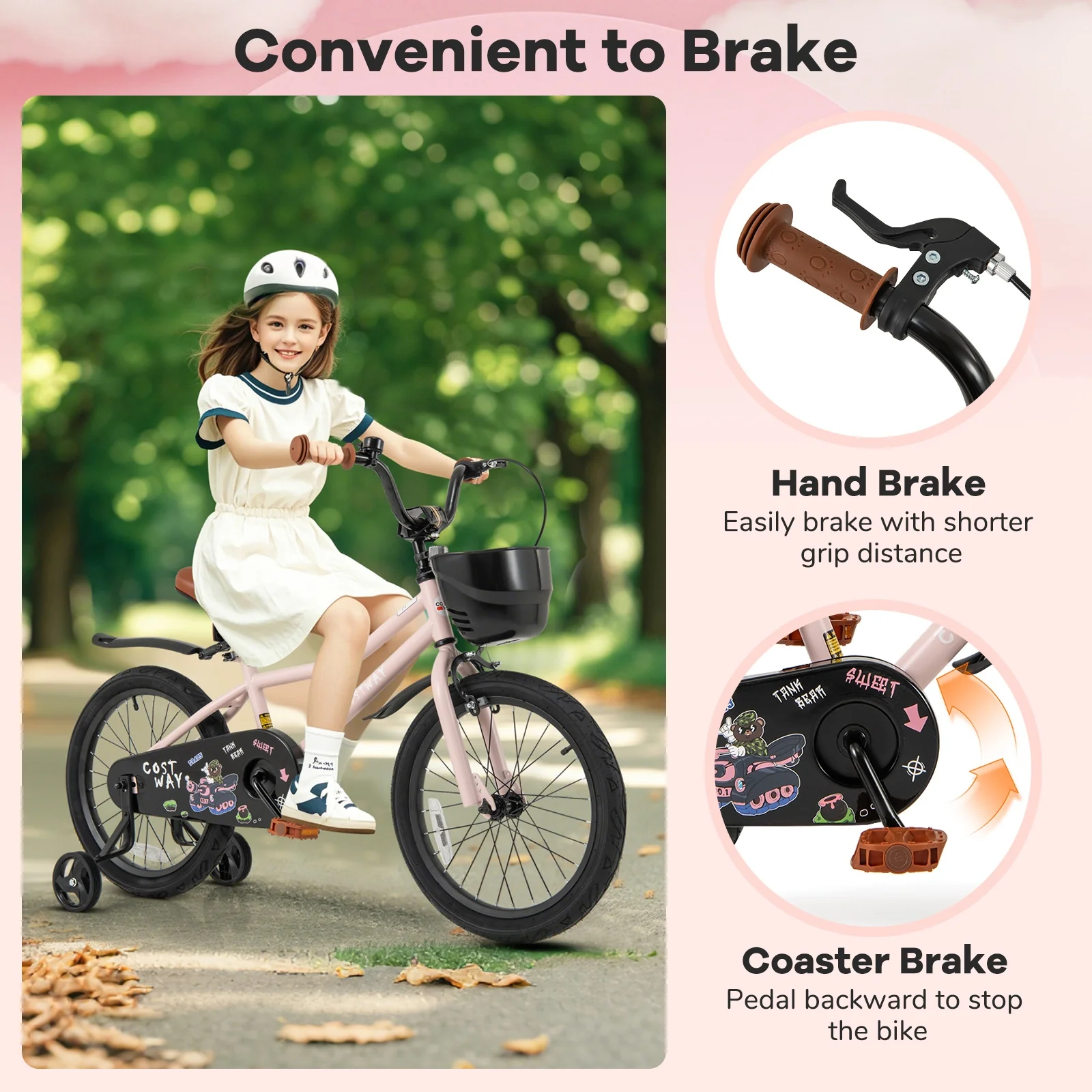 18 Inches Kids Bike With Basket, Adjustable Handlebar, 4-8 Years, Pink - Image 7
