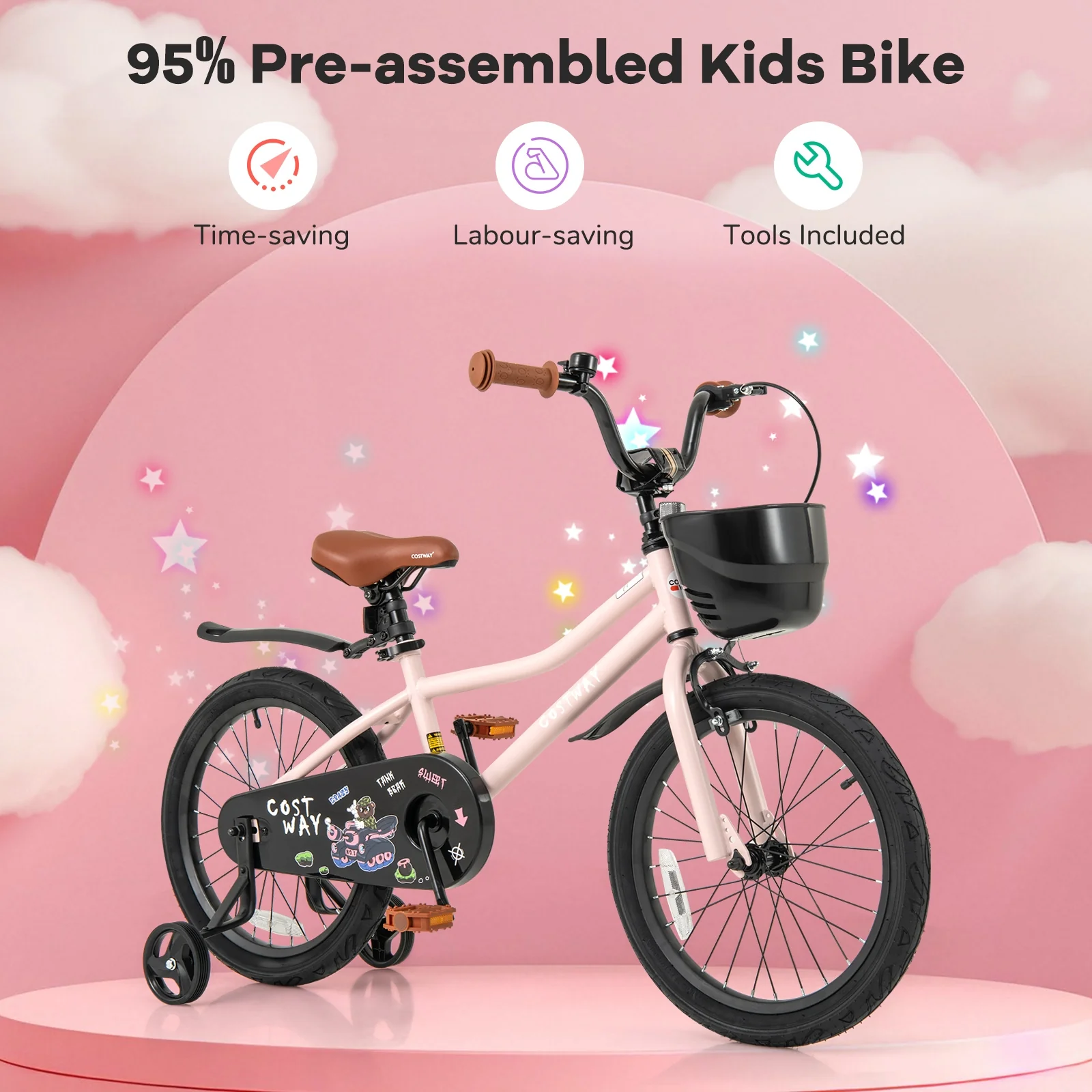 18 Inches Kids Bike With Basket, Adjustable Handlebar, 4-8 Years, Pink - Image 8