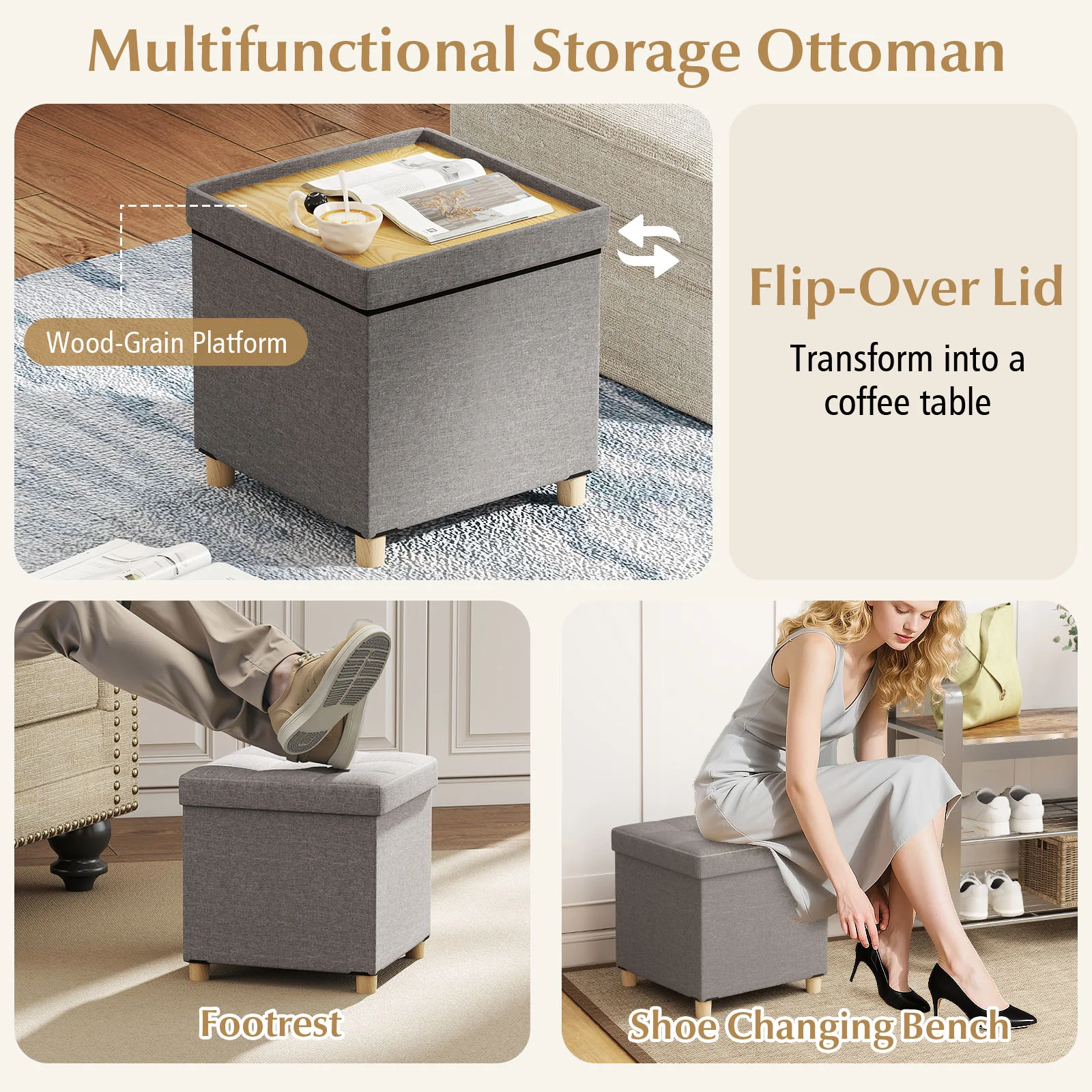 18 Inches Ottoman with Storage and Rubber Wood Legs, Gray - Image 10