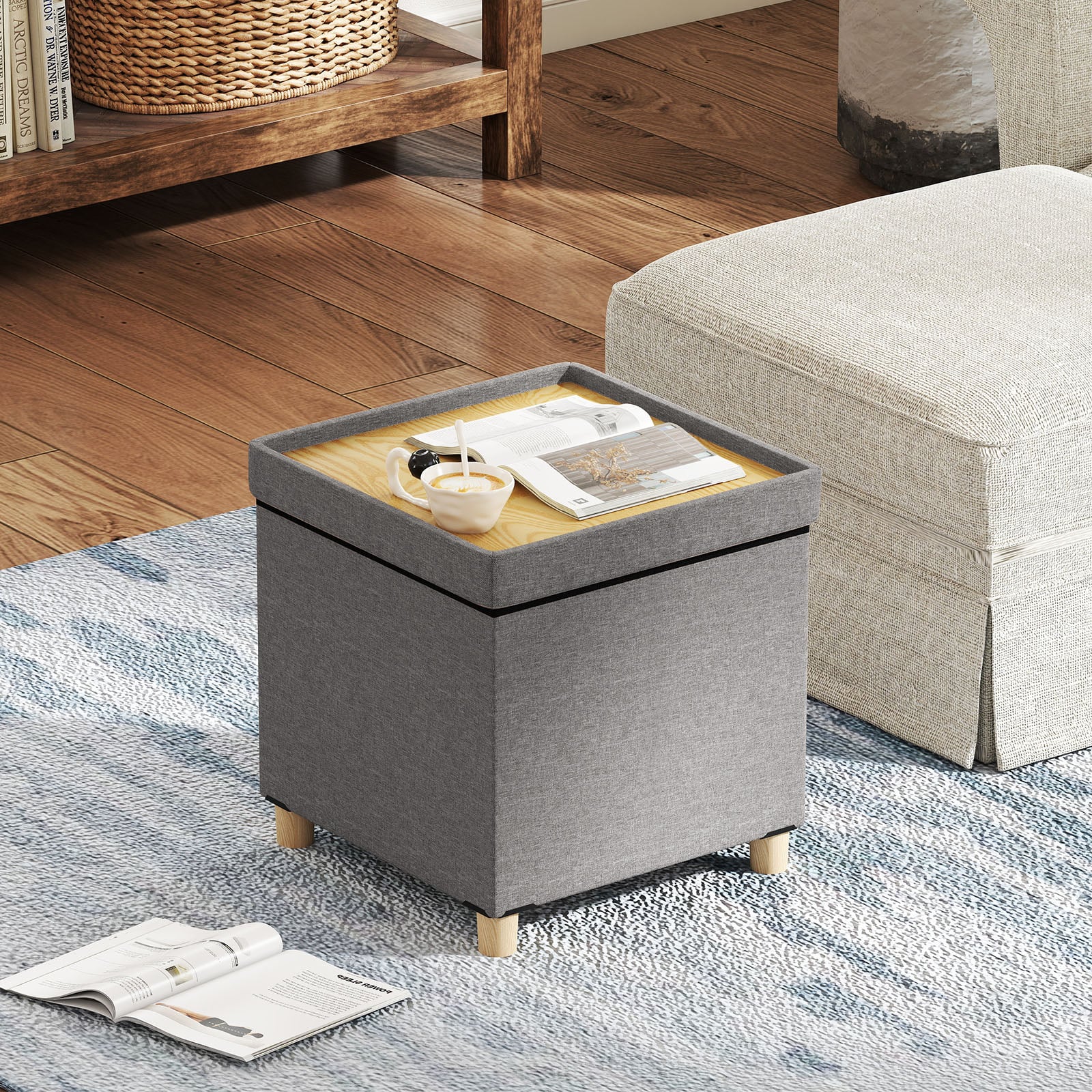 18 Inches Ottoman with Storage and Rubber Wood Legs, Gray - Image 3