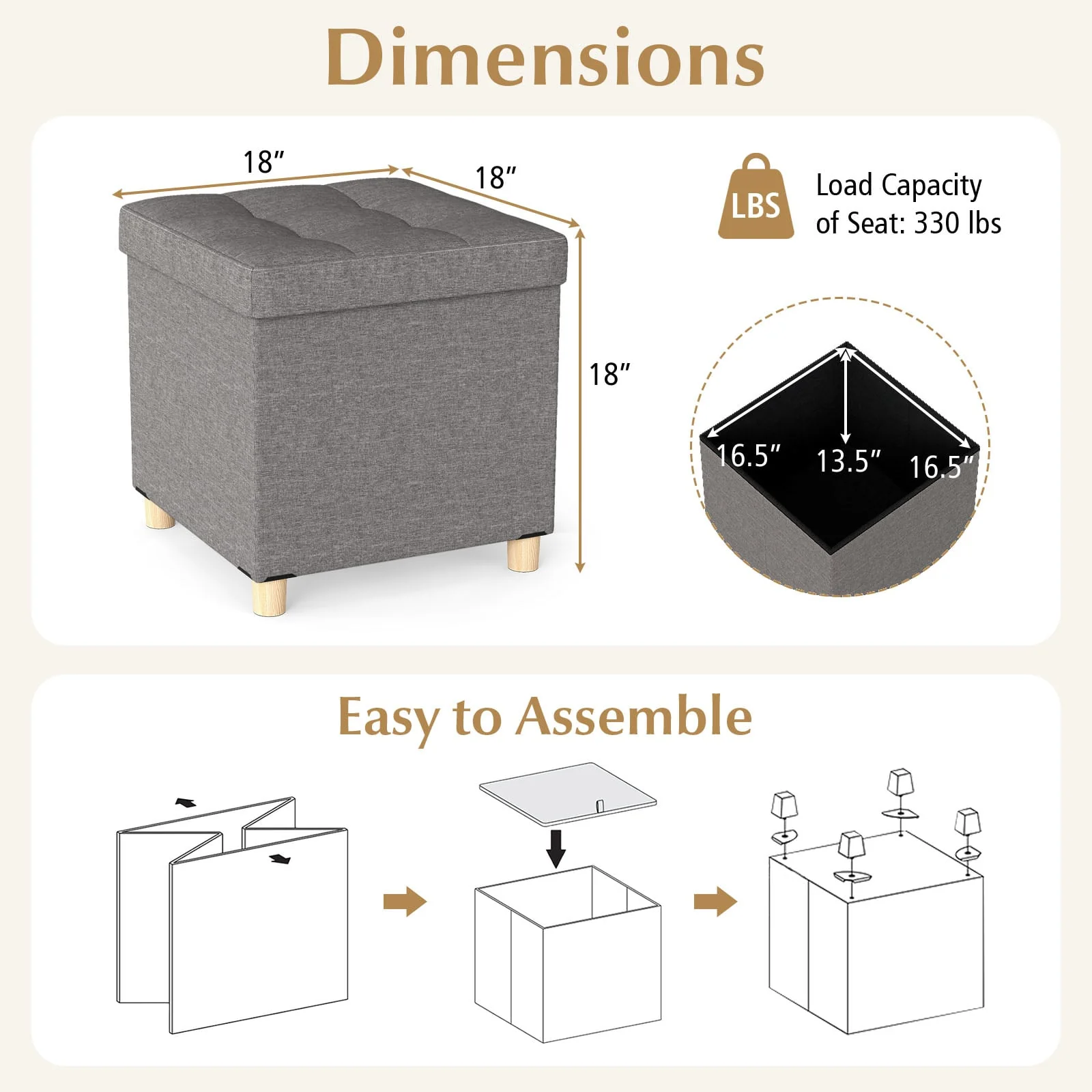 18 Inches Ottoman with Storage and Rubber Wood Legs, Gray - Image 6
