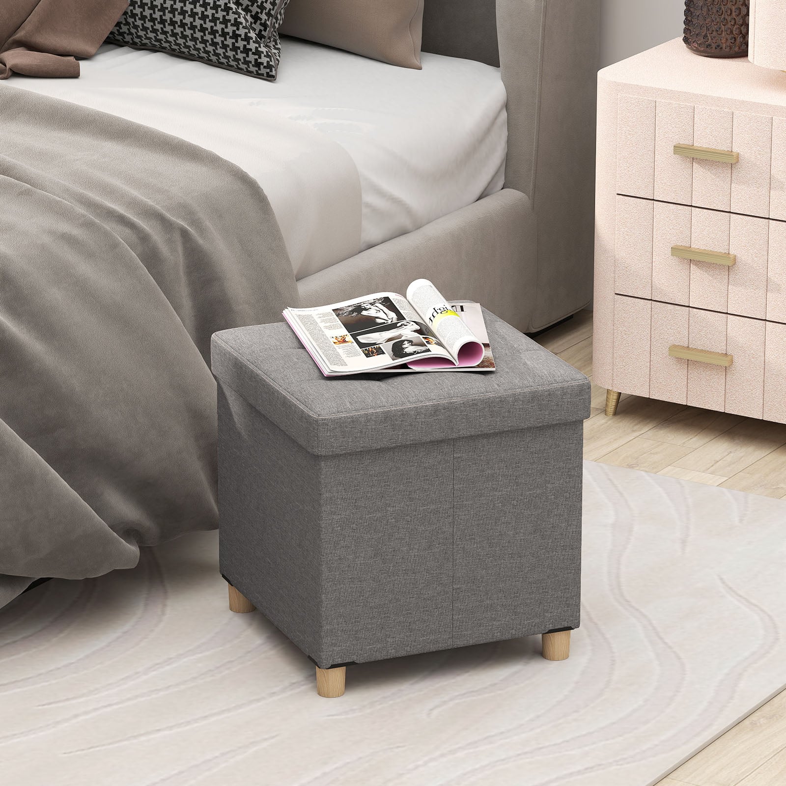 18 Inches Ottoman with Storage and Rubber Wood Legs, Gray - Image 7