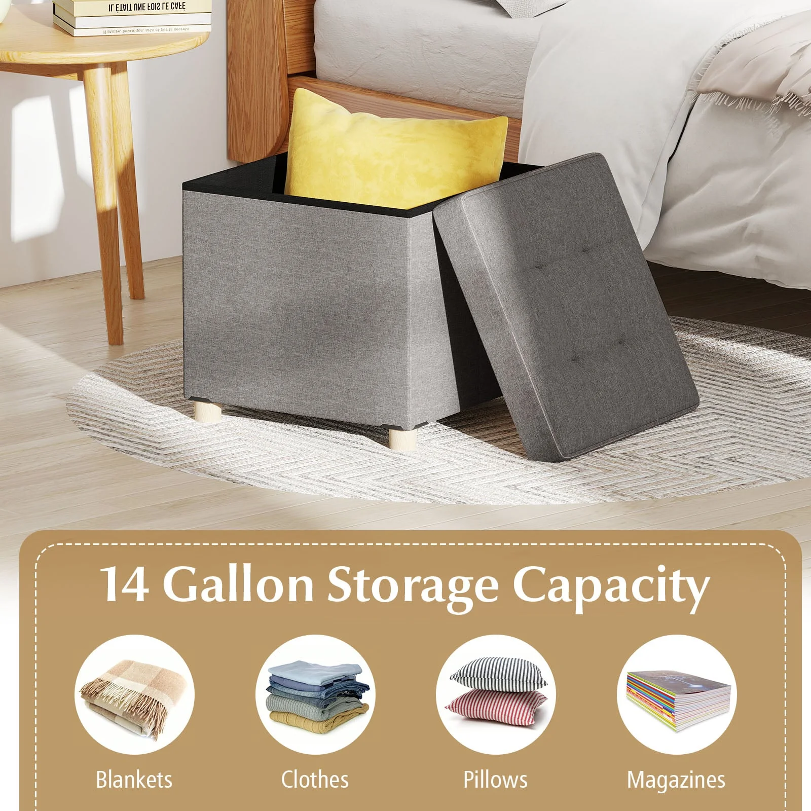 18 Inches Ottoman with Storage and Rubber Wood Legs, Gray - Image 9