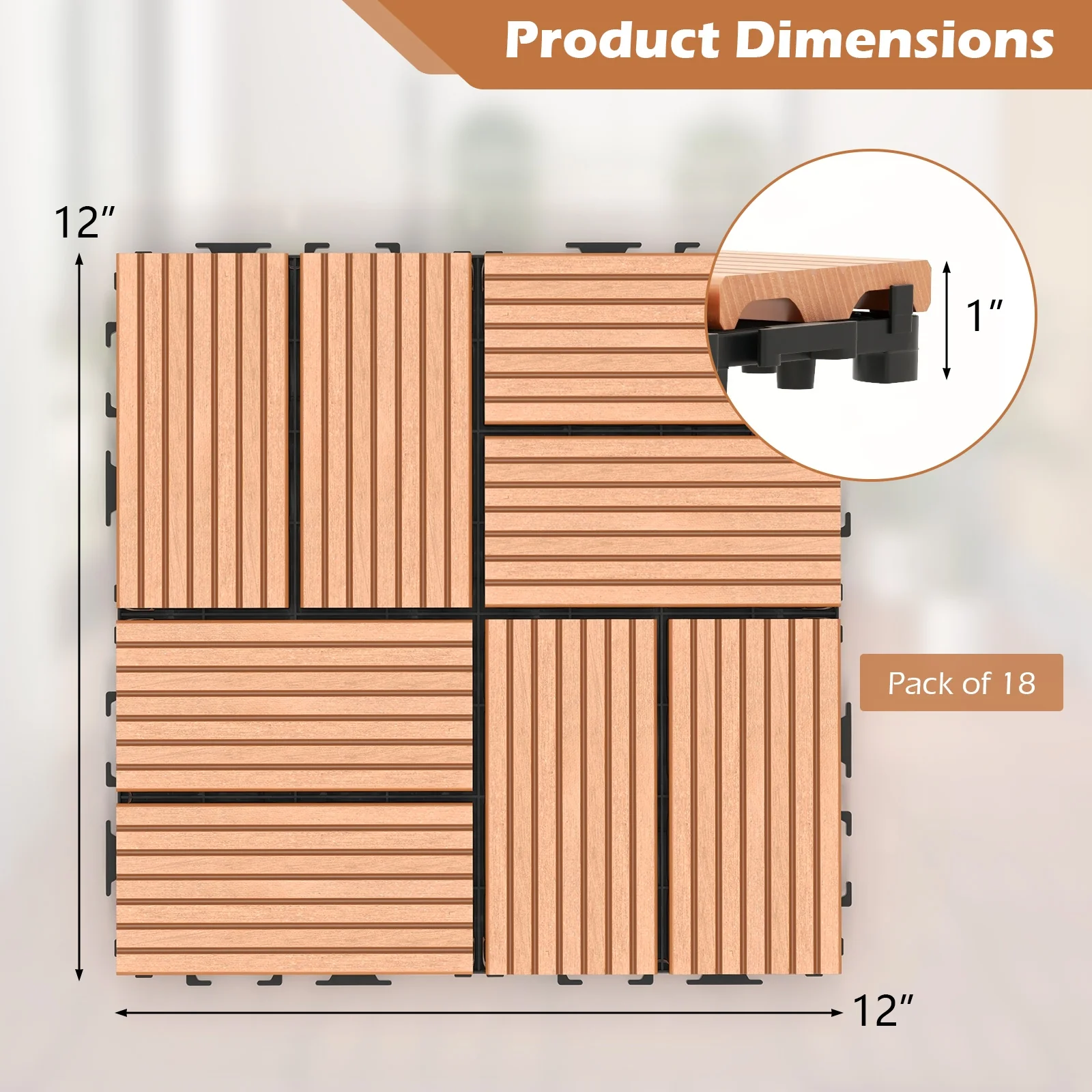 18 Interlocking Deck Tiles, 12 x 12 Inch, All Weather, Brown - Image 6
