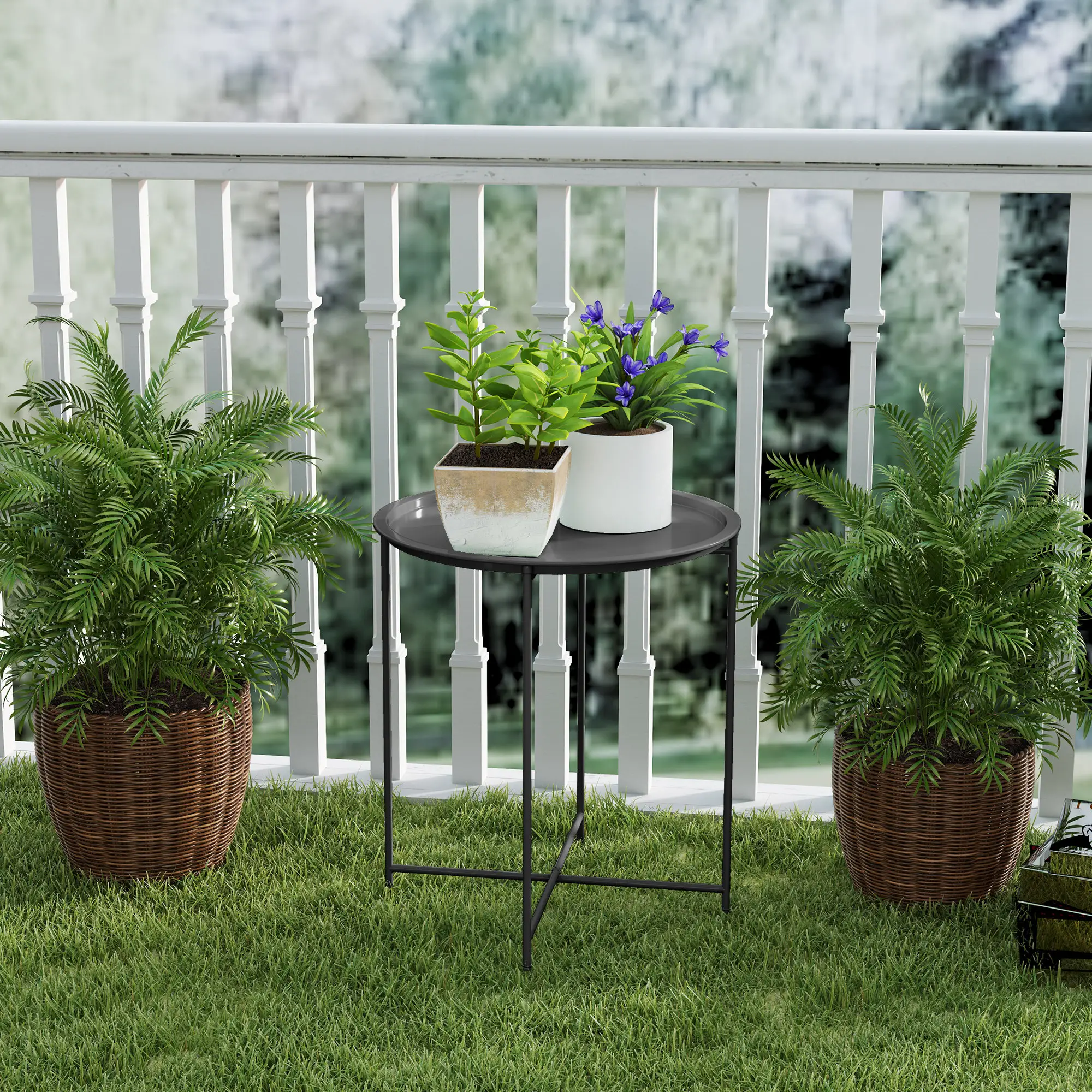 18" Outdoor Side Table, Removable Tray, Folding Legs, Black - Image 10