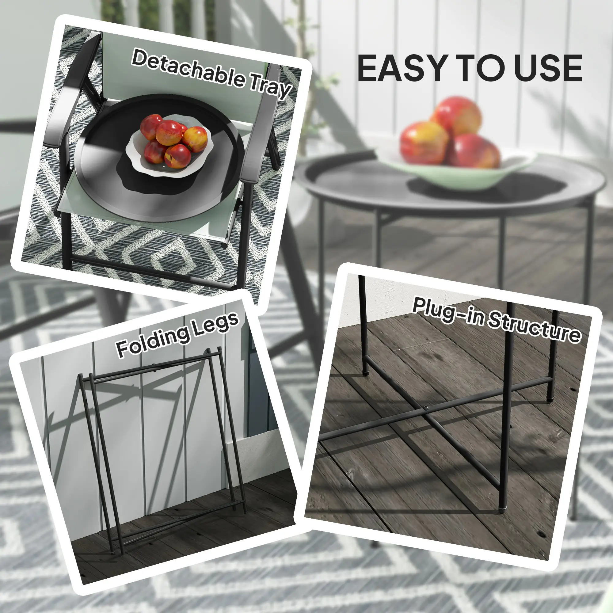 18" Outdoor Side Table, Removable Tray, Folding Legs, Black - Image 4