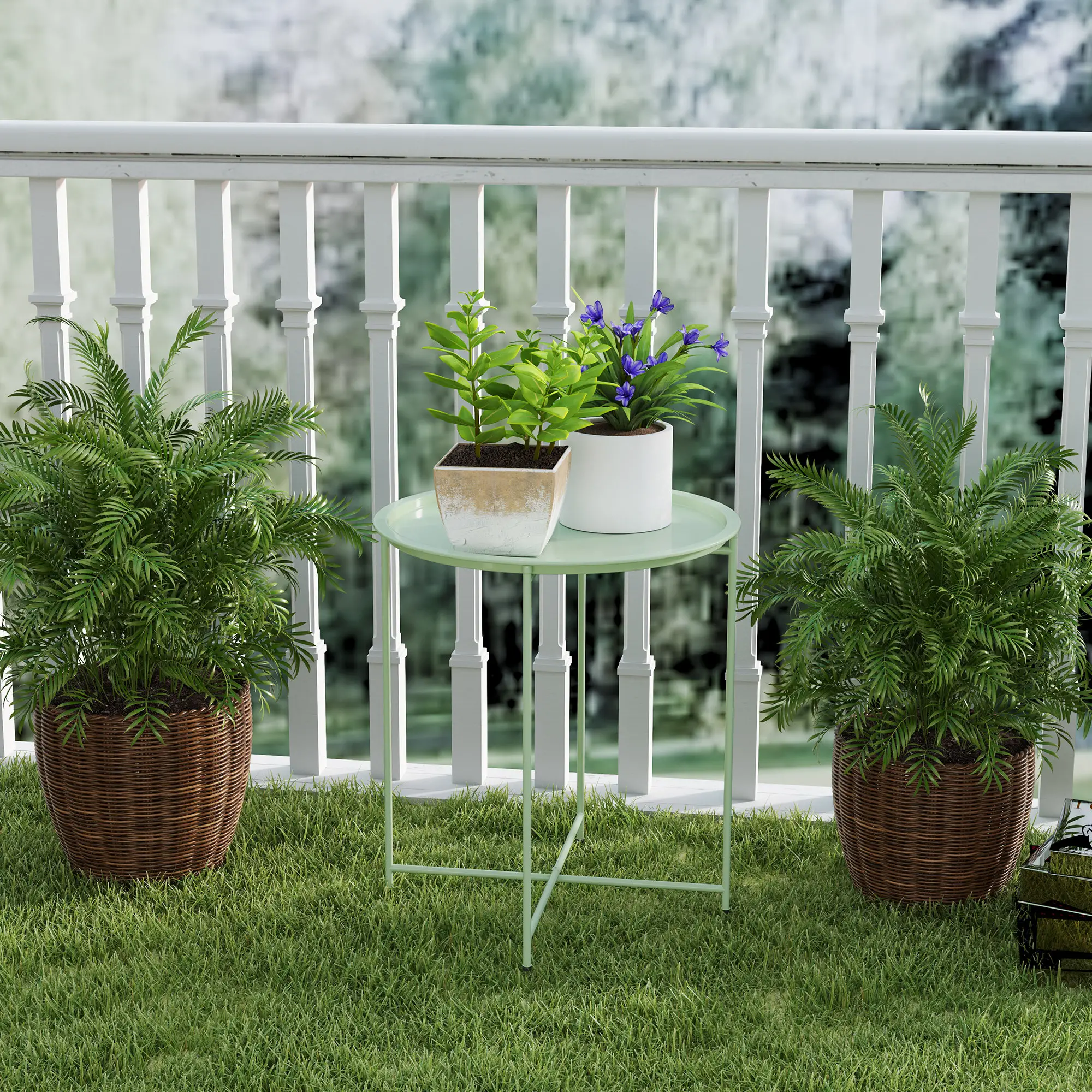 18" Outdoor Side Table, Removable Tray, Folding Legs, Green - Image 9