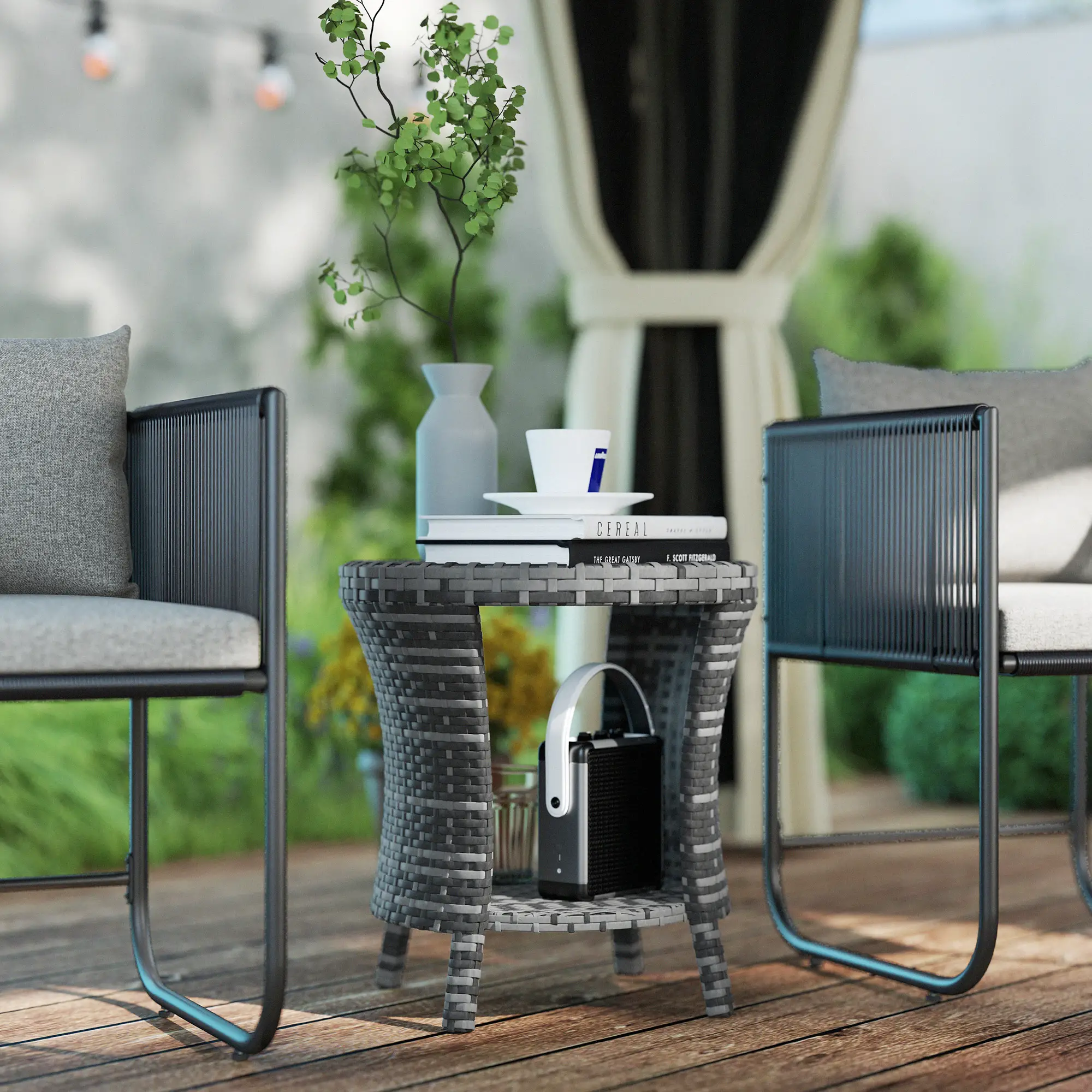 18" Wicker Outdoor Coffee Table, 2-Tier Storage, Composite Wood Top, Grey - Image 2