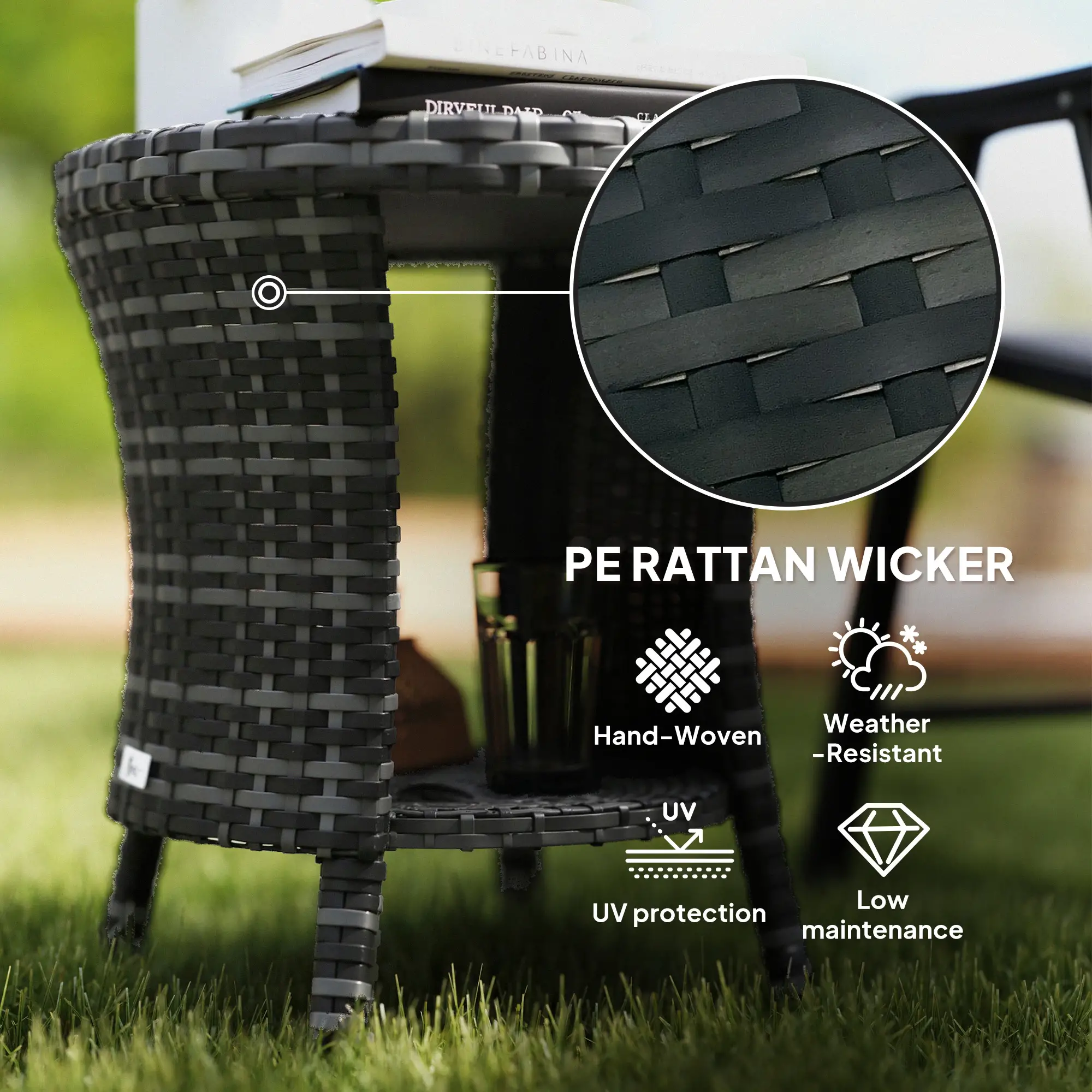 18" Wicker Outdoor Coffee Table, 2-Tier Storage, Composite Wood Top, Grey - Image 5