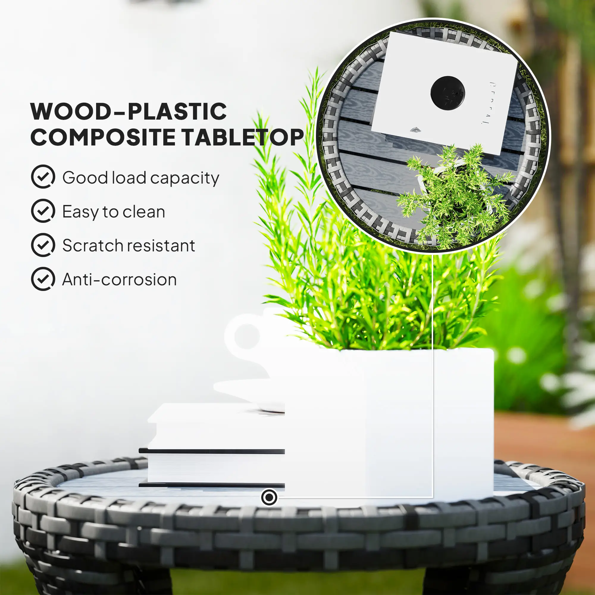 18" Wicker Outdoor Coffee Table, 2-Tier Storage, Composite Wood Top, Grey - Image 7