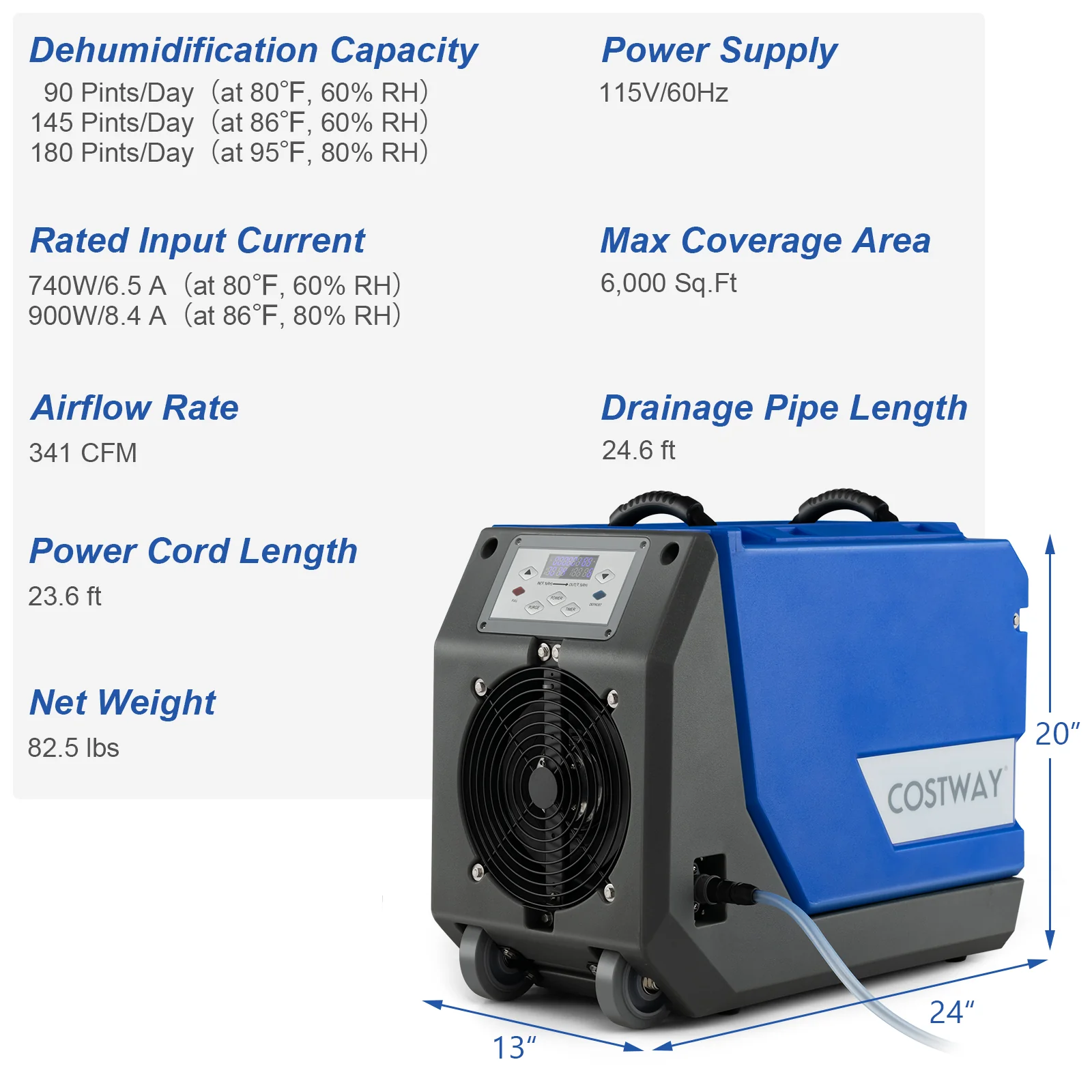180 PPD Commercial Dehumidifier, With Pump Drain Hose And Wheels, Blue - Image 5