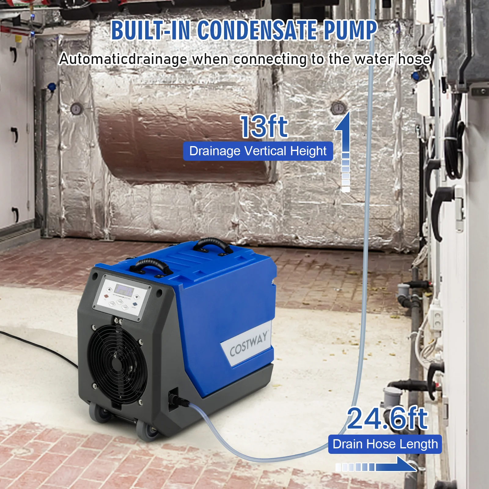 180 PPD Commercial Dehumidifier, With Pump Drain Hose And Wheels, Blue - Image 6