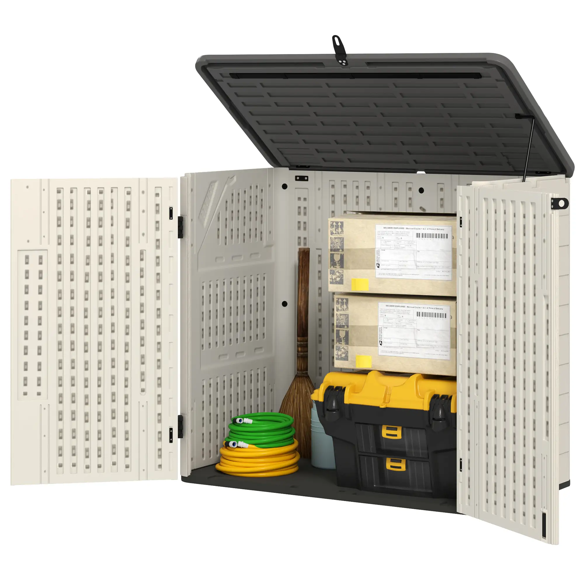 185 Gallon Outdoor Storage Cabinet, Openable Top, Lockable Doors