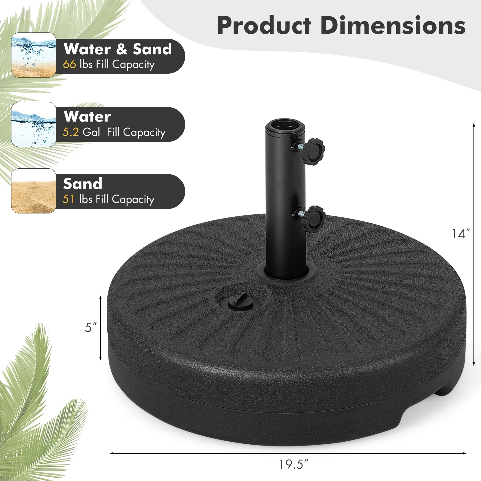 19.5 Inch Fillable Round Umbrella Base Stand, Black - Image 6