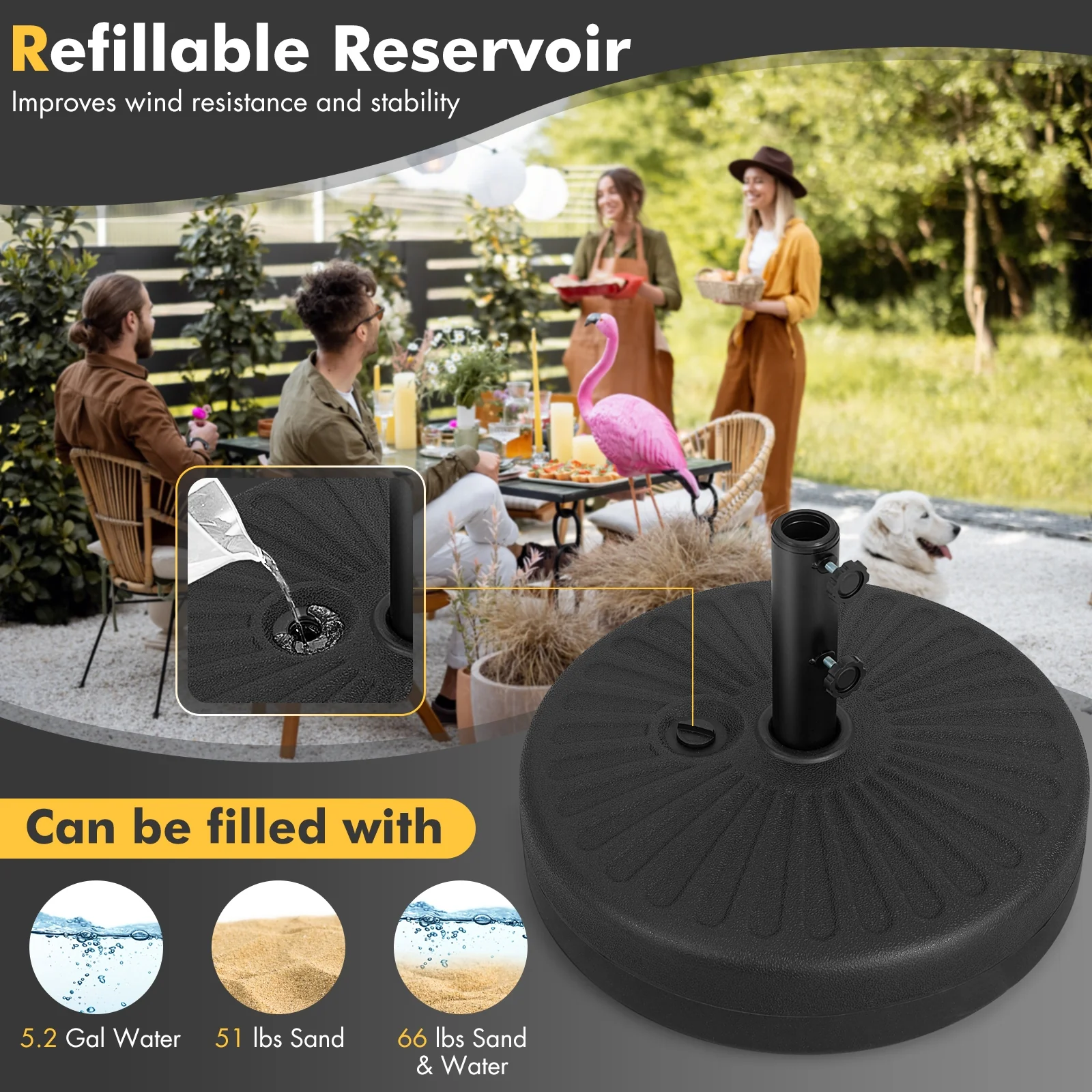 19.5 Inch Fillable Round Umbrella Base Stand, Black - Image 9