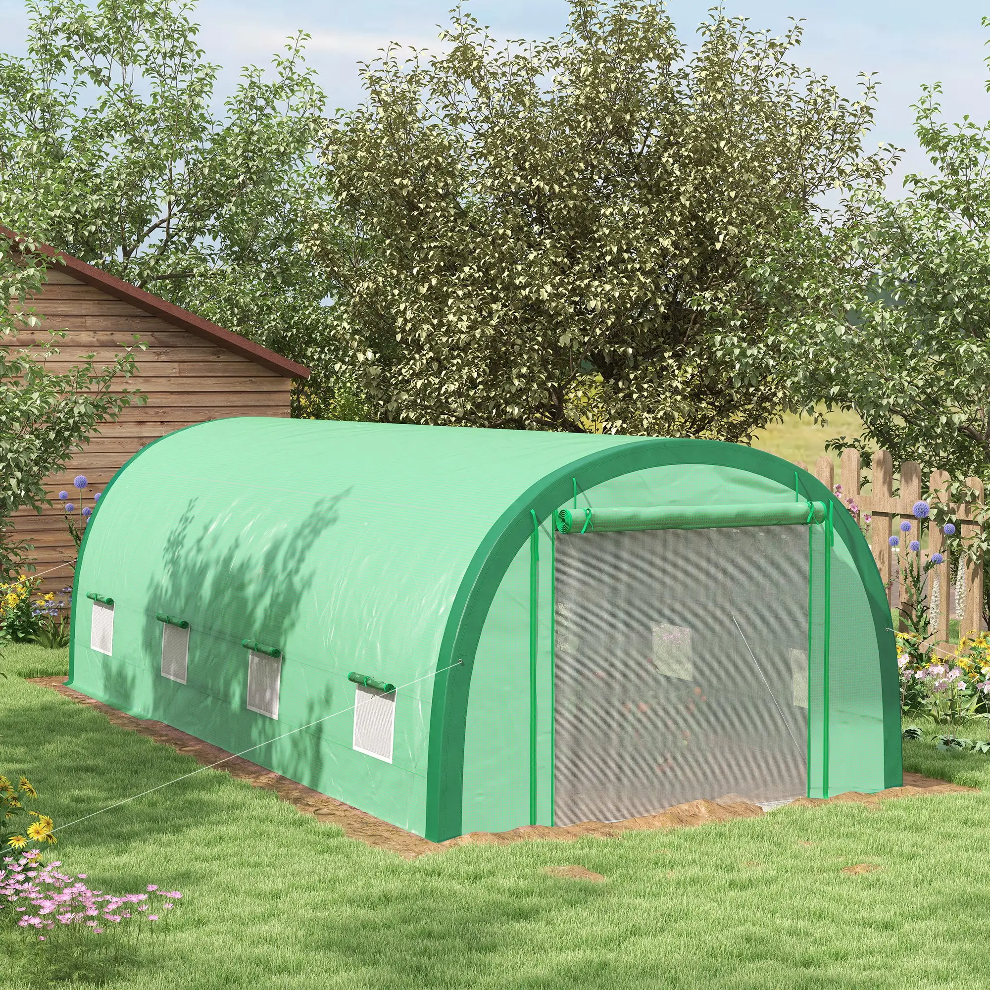 19.5' x 10' x 6.5' Tunnel Greenhouse, Mesh Door, Windows, Green - Image 2
