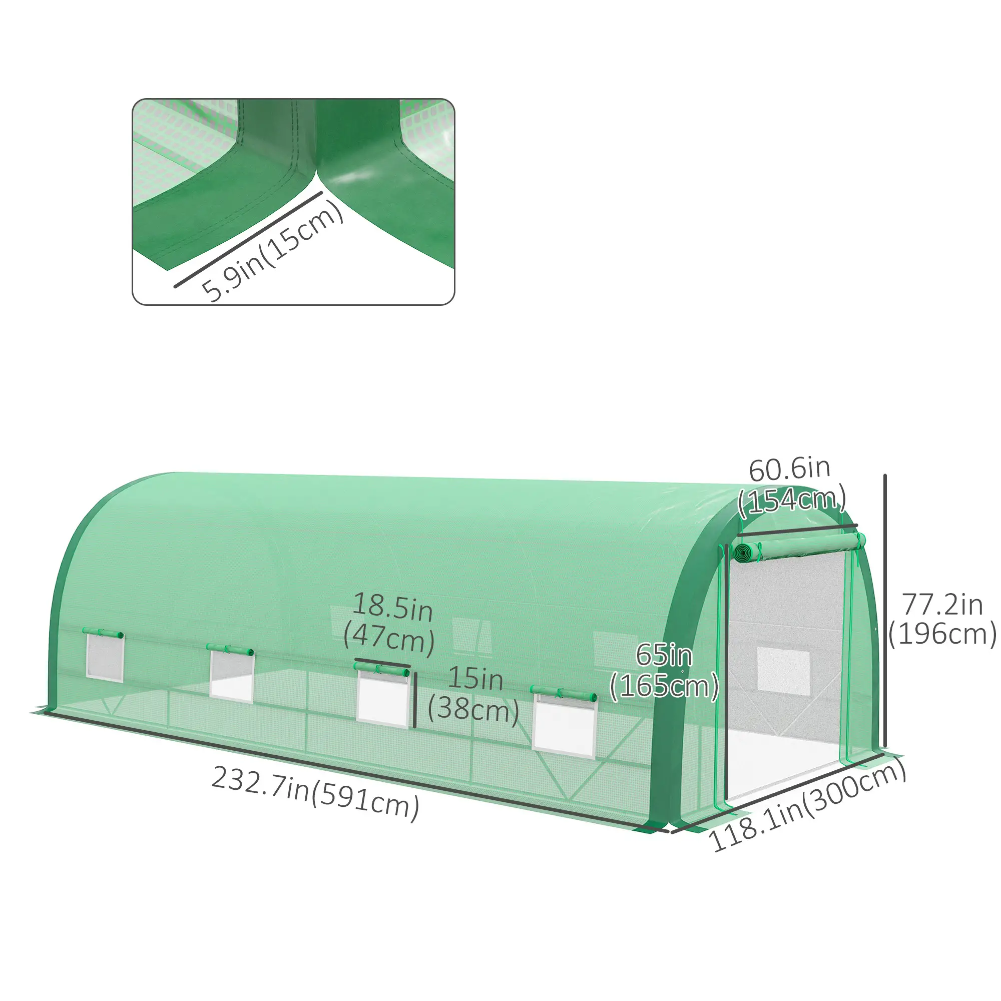 19.5' x 10' x 6.5' Tunnel Greenhouse, Mesh Door, Windows, Green - Image 3