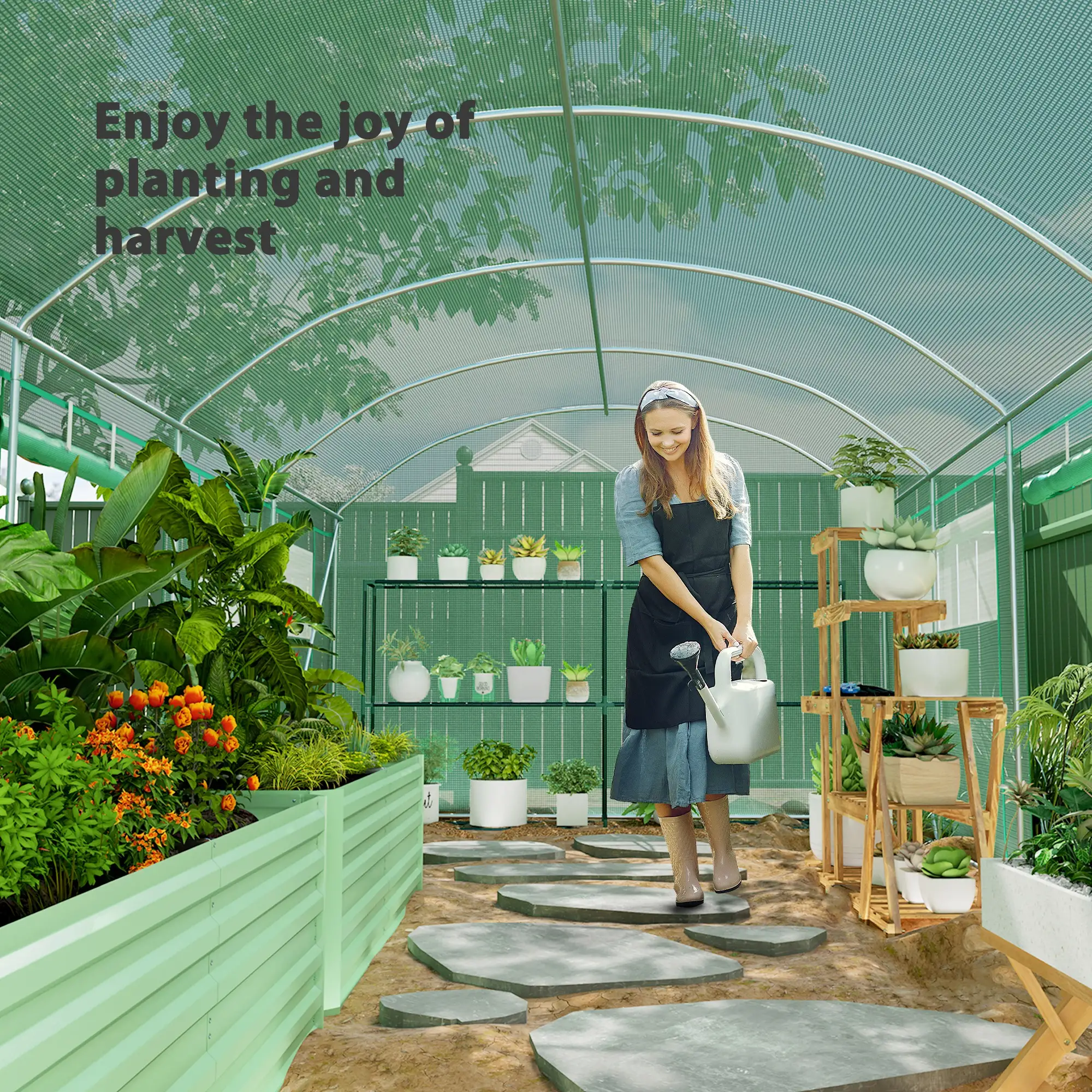 19.5' x 10' x 7.5' Walk-In Greenhouse, 3 Roll-Up Doors, Mesh Windows, Green - Image 10
