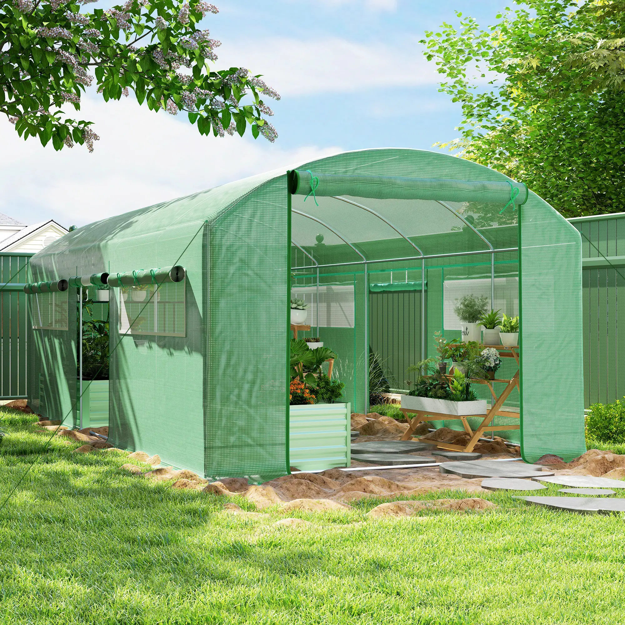 19.5' x 10' x 7.5' Walk-In Greenhouse, 3 Roll-Up Doors, Mesh Windows, Green - Image 2