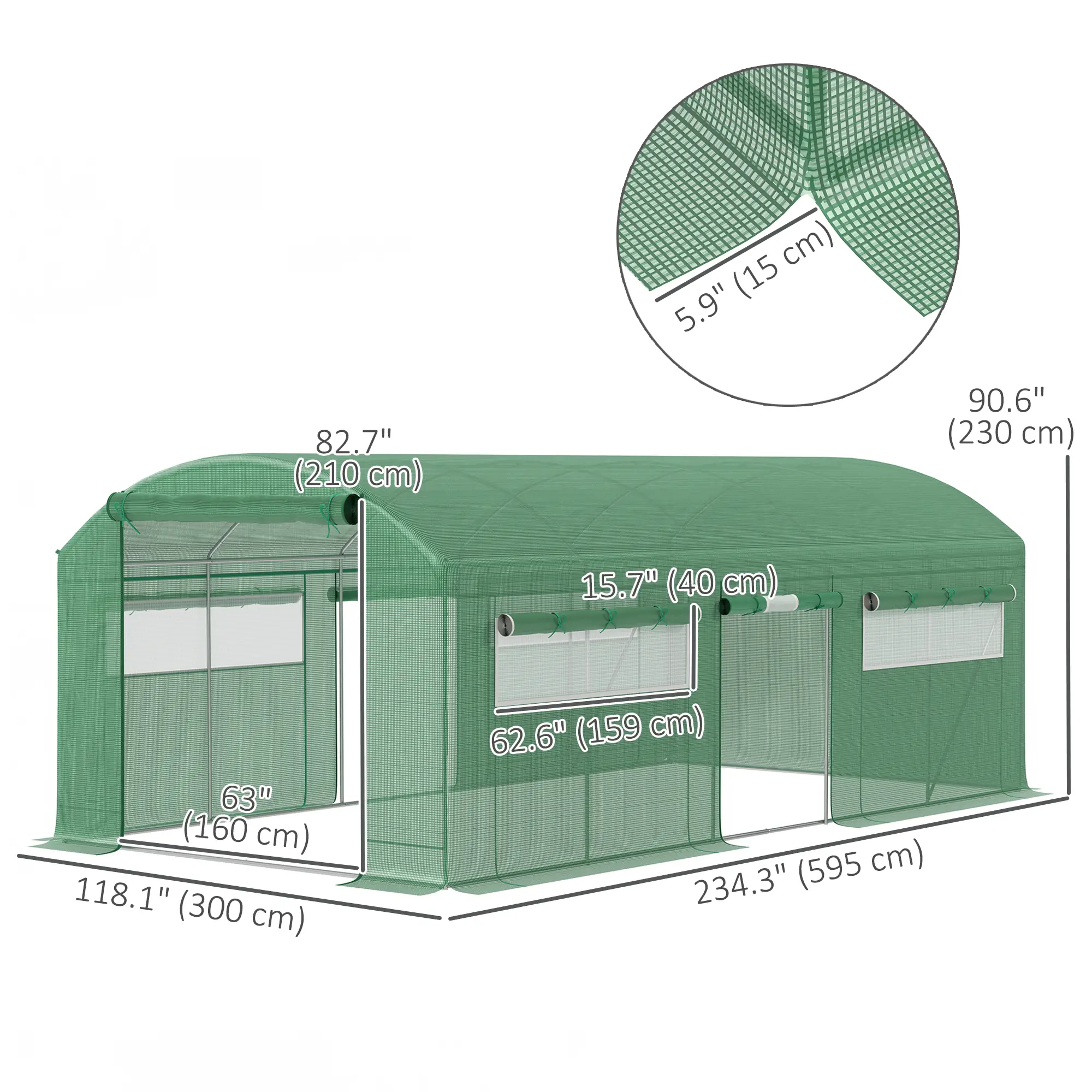 19.5' x 10' x 7.5' Walk-In Greenhouse, 3 Roll-Up Doors, Mesh Windows, Green - Image 3