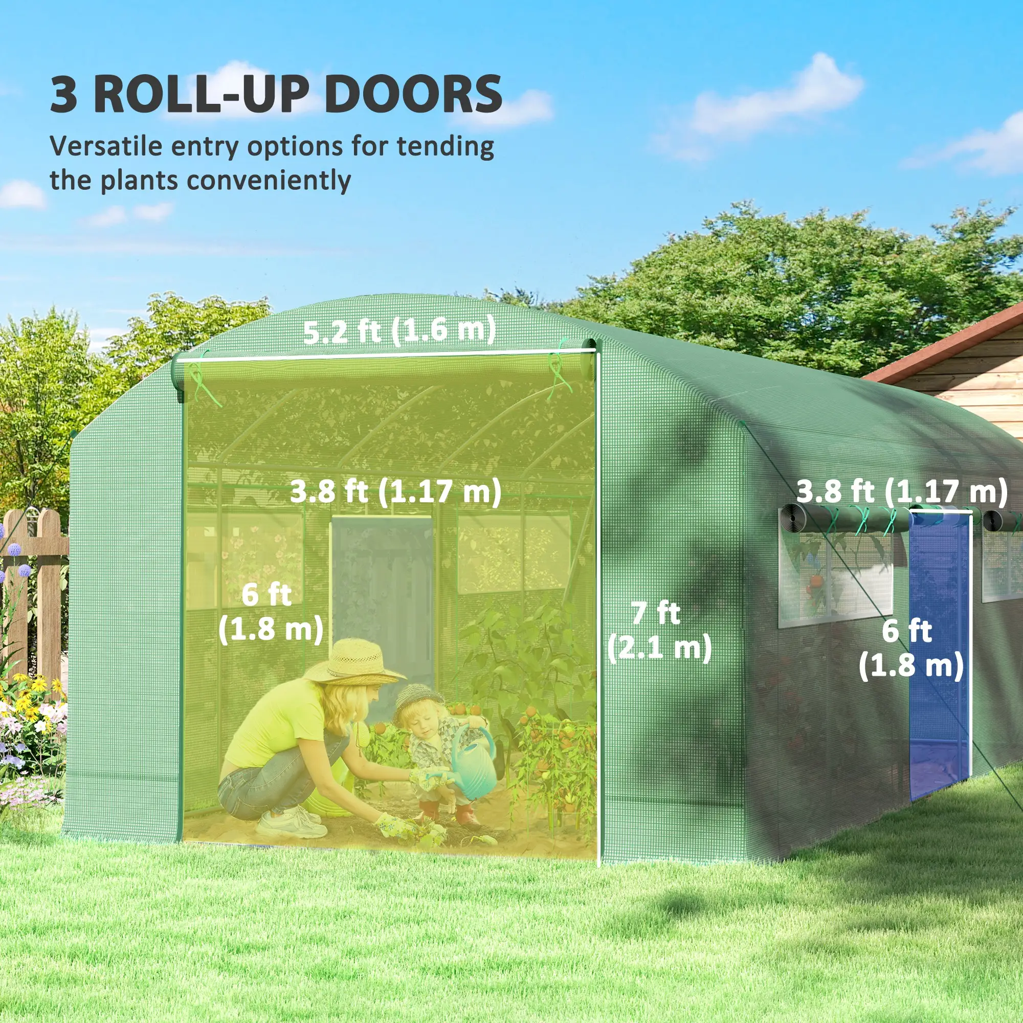 19.5' x 10' x 7.5' Walk-In Greenhouse, 3 Roll-Up Doors, Mesh Windows, Green - Image 4