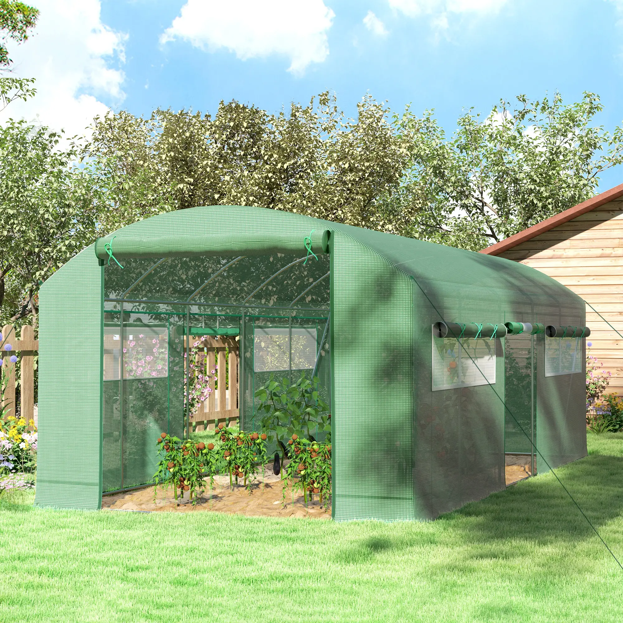 19.5' x 10' x 7.5' Walk-In Greenhouse, 3 Roll-Up Doors, Mesh Windows, Green - Image 8