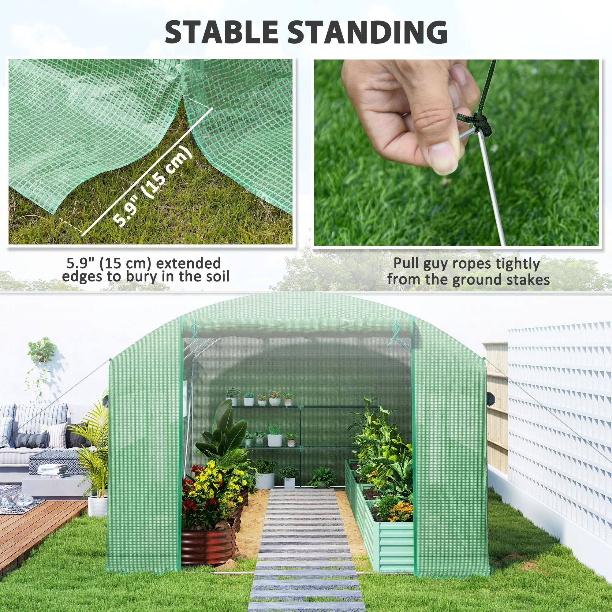 19.5' x 10' x 7.5' Walk-In Greenhouse, 3 Roll-Up Doors, Mesh Windows, Green - Image 9