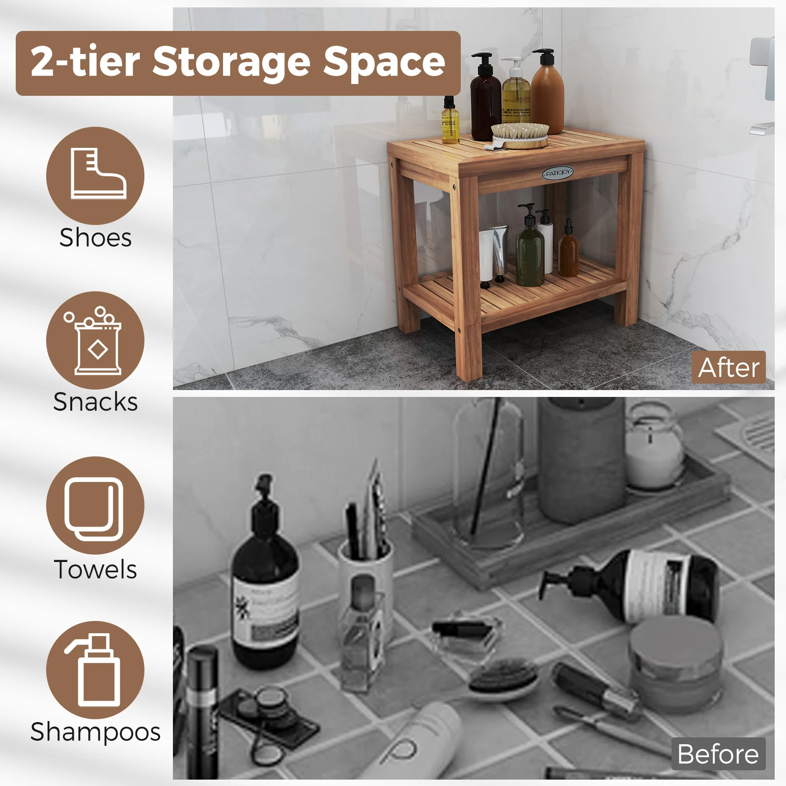 19 Inch Teak Wood Shower Bench With Storage Shelf, Natural - Image 10