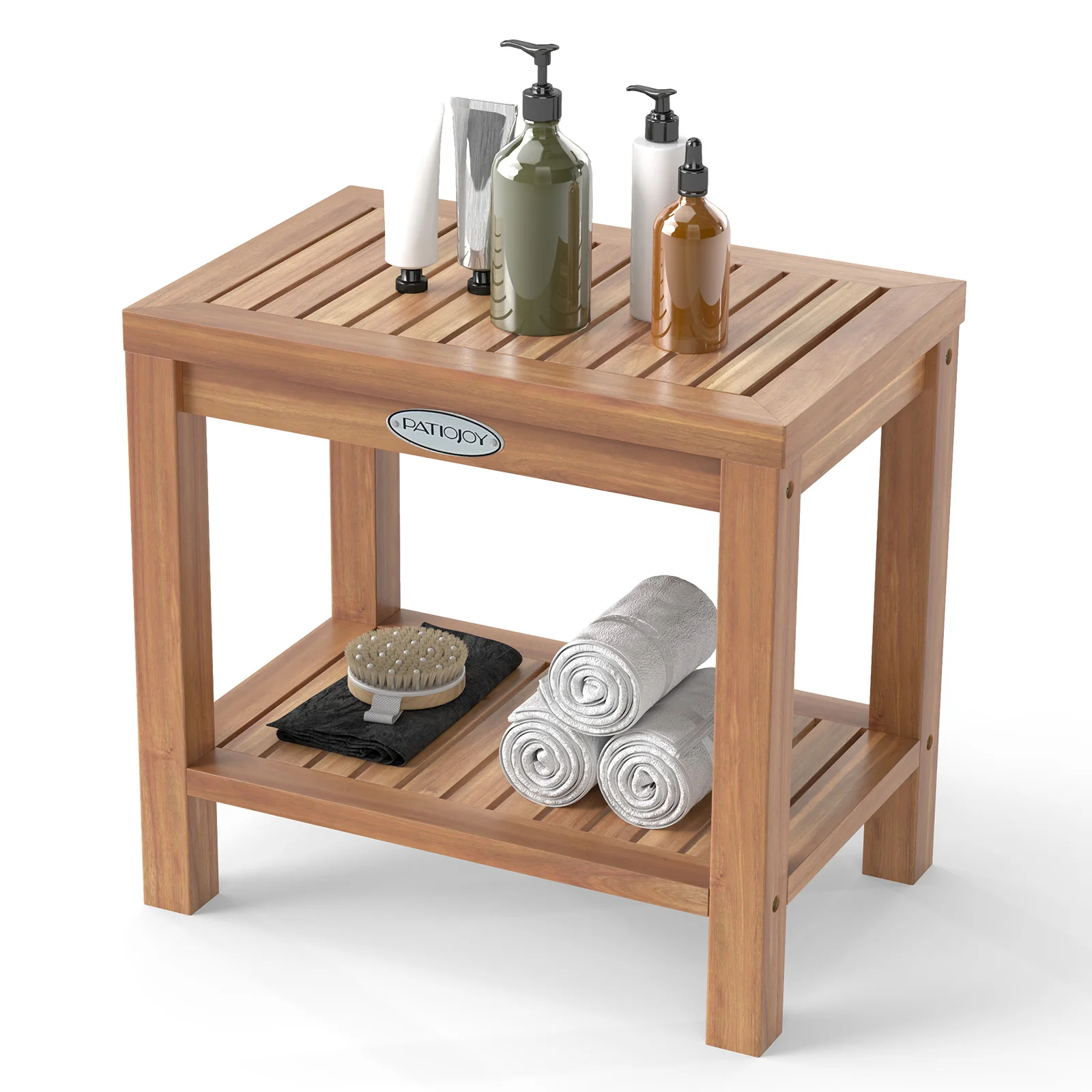 19 Inch Teak Wood Shower Bench With Storage Shelf, Natural - Image 5