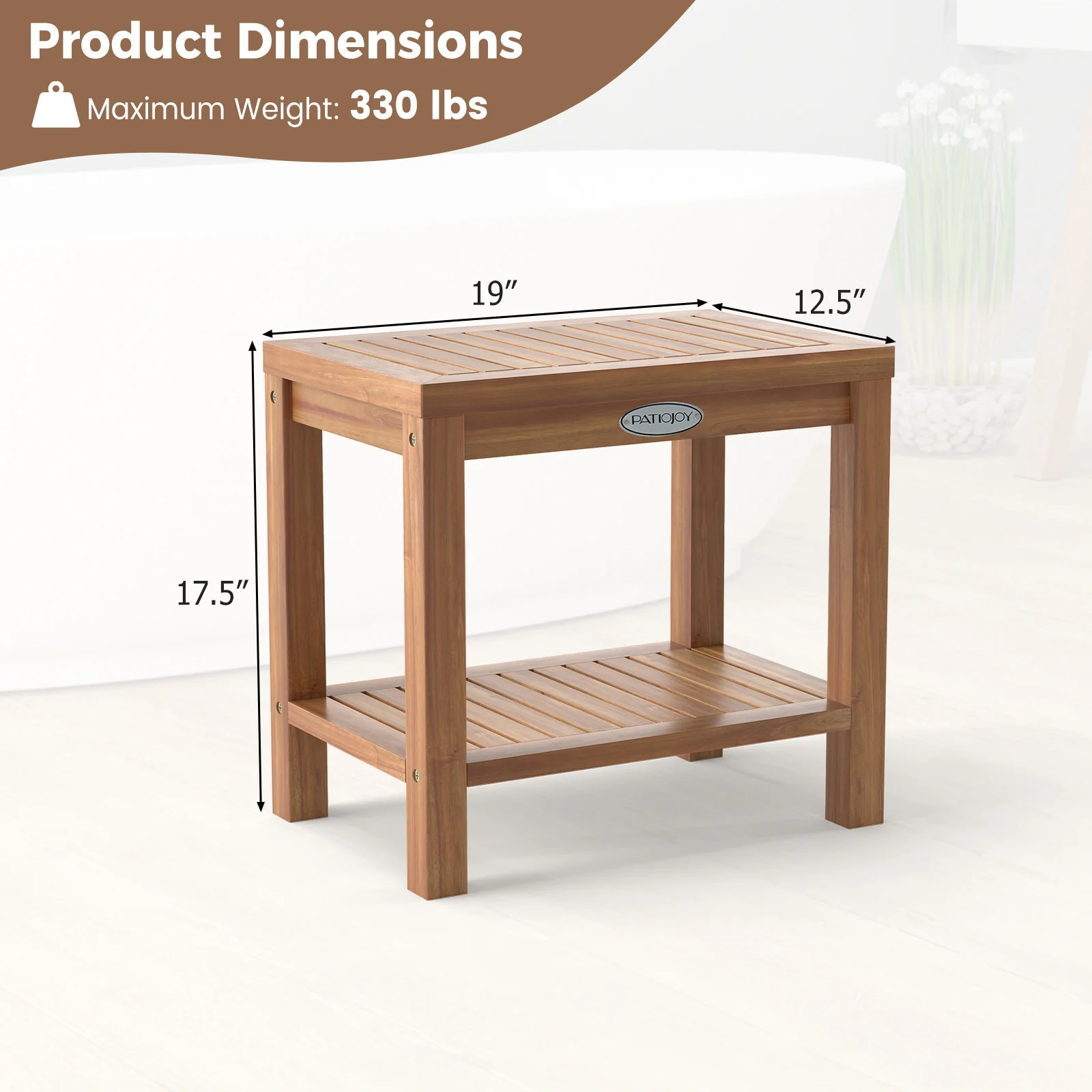 19 Inch Teak Wood Shower Bench With Storage Shelf, Natural - Image 6