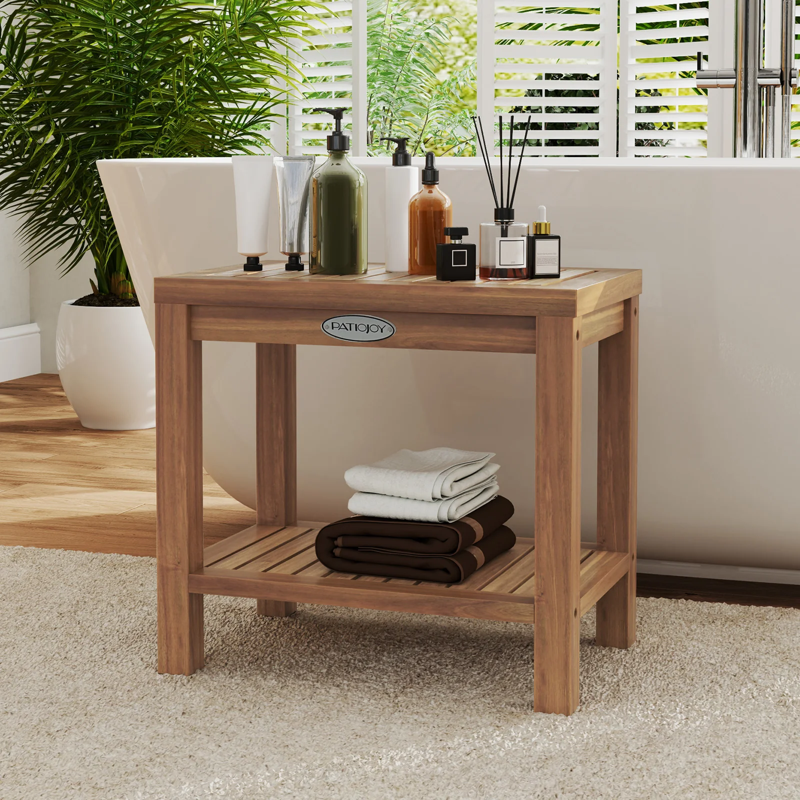 19 Inch Teak Wood Shower Bench With Storage Shelf, Natural - Image 7
