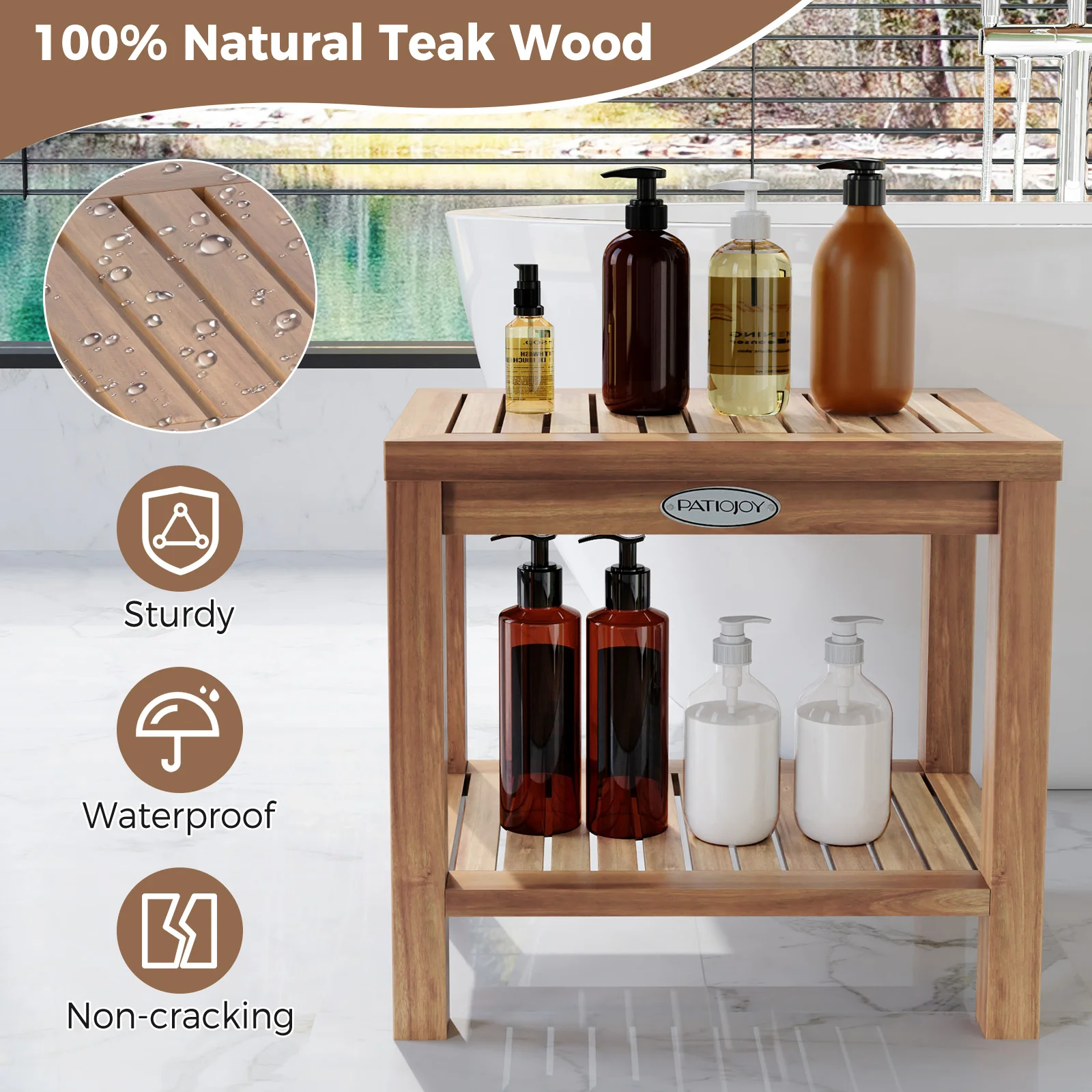 19 Inch Teak Wood Shower Bench With Storage Shelf, Natural - Image 8