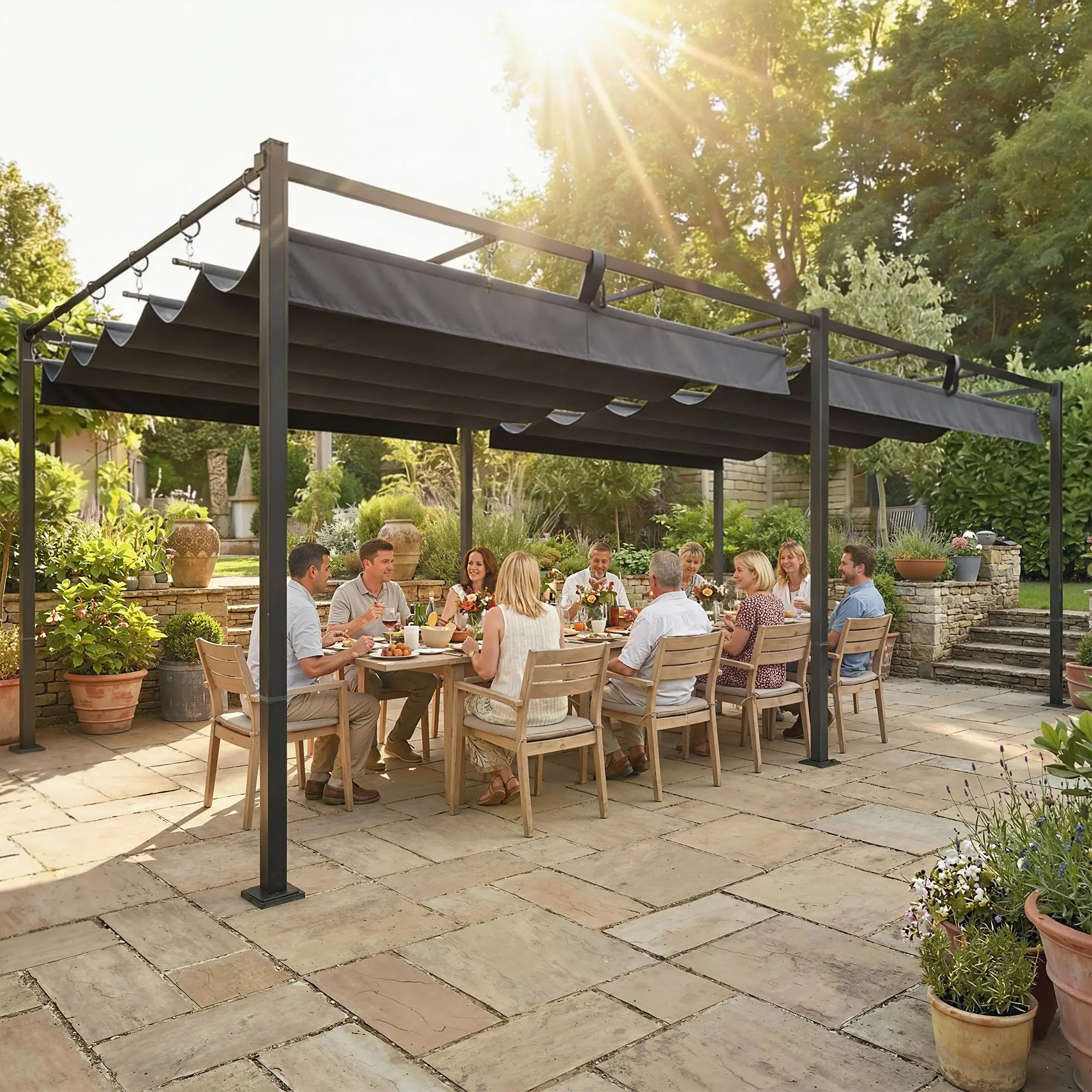 19' x 10' Dark Grey Pergola, Retractable Canopy, UV50+ Sun Shade, Dark Grey - Image 2