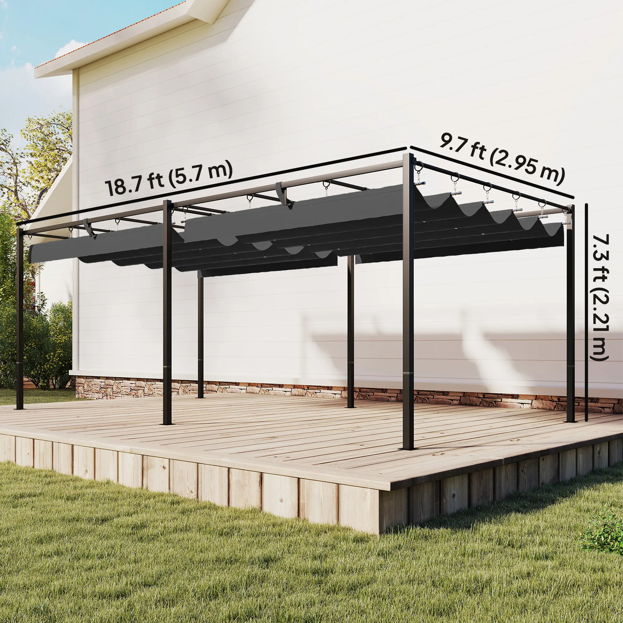 19' x 10' Dark Grey Pergola, Retractable Canopy, UV50+ Sun Shade, Dark Grey - Image 3