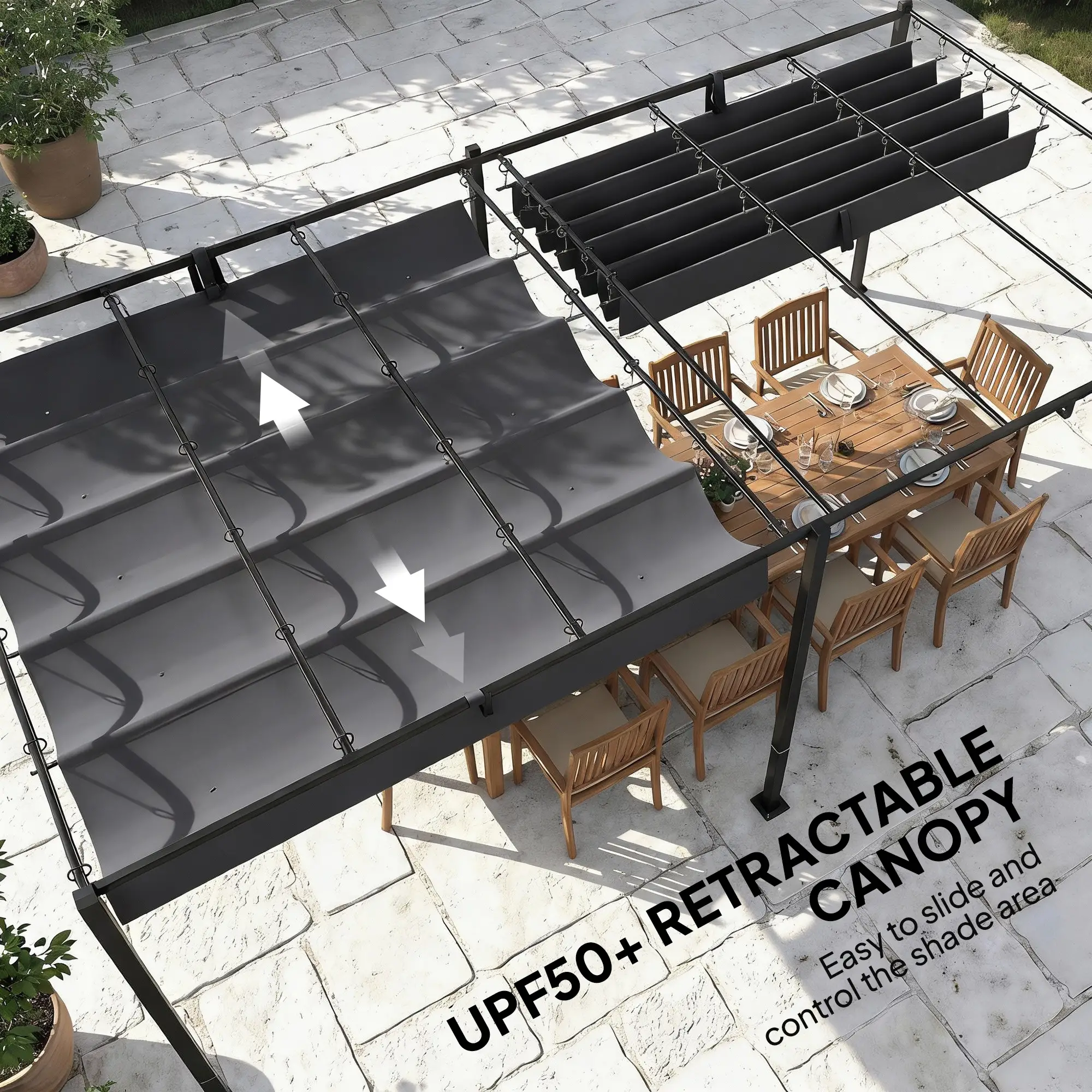 19' x 10' Dark Grey Pergola, Retractable Canopy, UV50+ Sun Shade, Dark Grey - Image 5