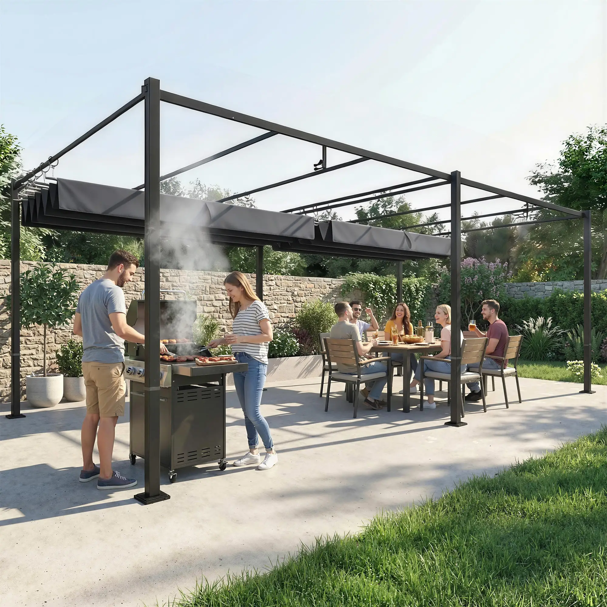 19' x 10' Dark Grey Pergola, Retractable Canopy, UV50+ Sun Shade, Dark Grey - Image 9