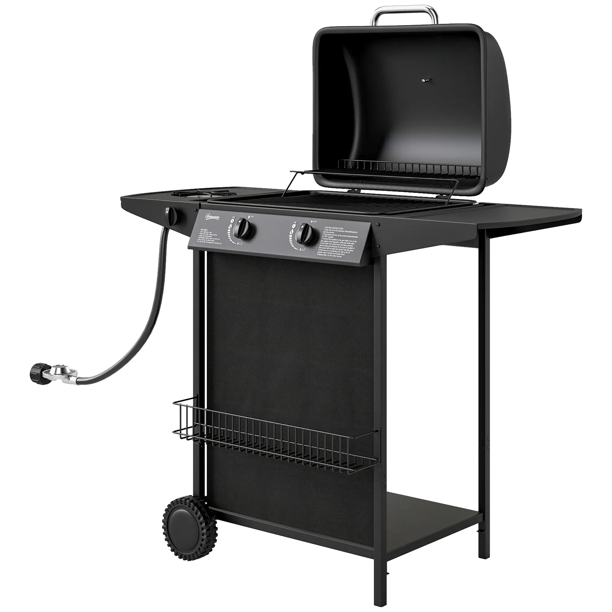 2+1 Burner Propane Gas BBQ Grill, Portable With Side Burner, Thermometer, Black