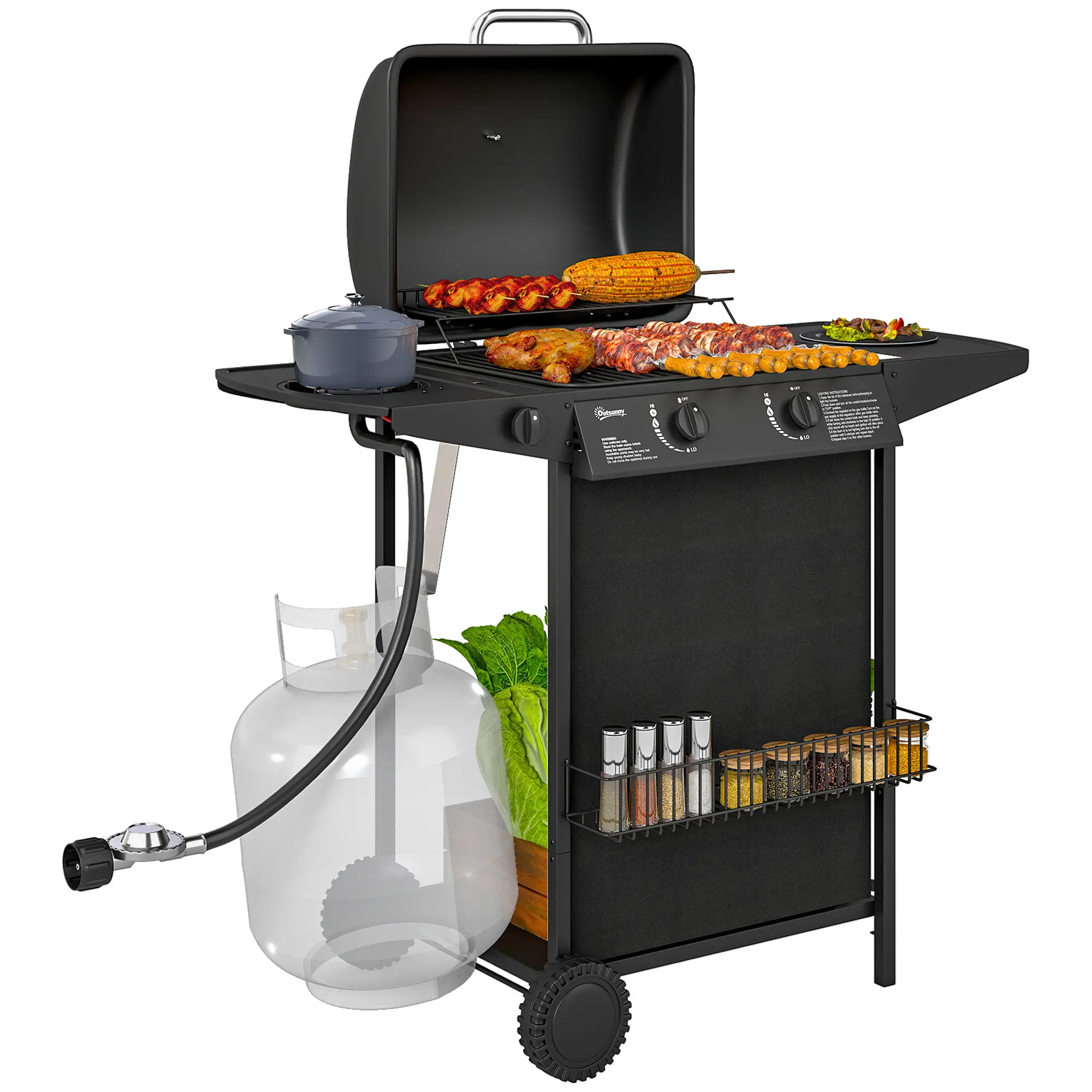 2+1 Burner Propane Gas BBQ Grill, Portable With Side Burner, Thermometer, Black - Image 11