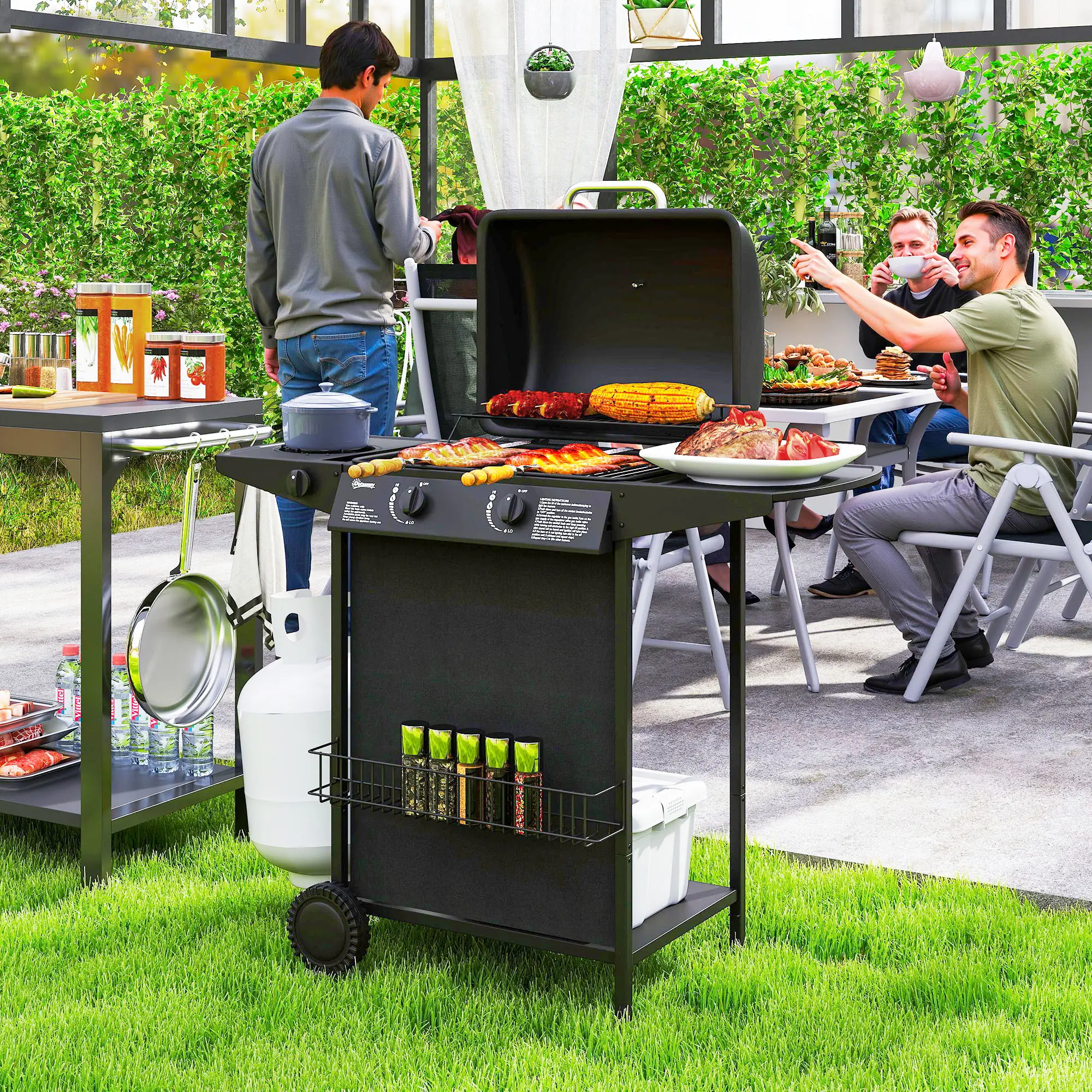 2+1 Burner Propane Gas BBQ Grill, Portable With Side Burner, Thermometer, Black - Image 2
