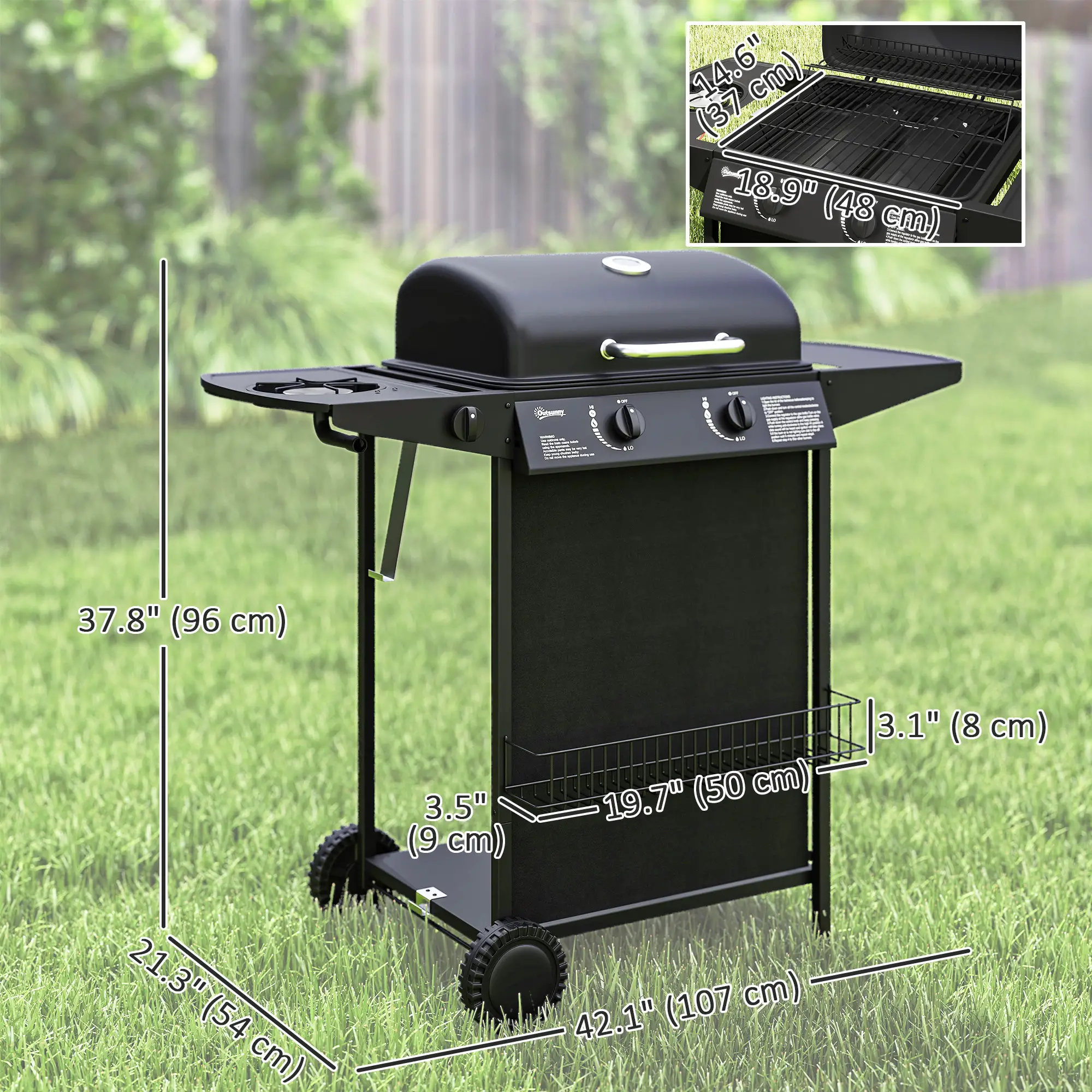 2+1 Burner Propane Gas BBQ Grill, Portable With Side Burner, Thermometer, Black - Image 3