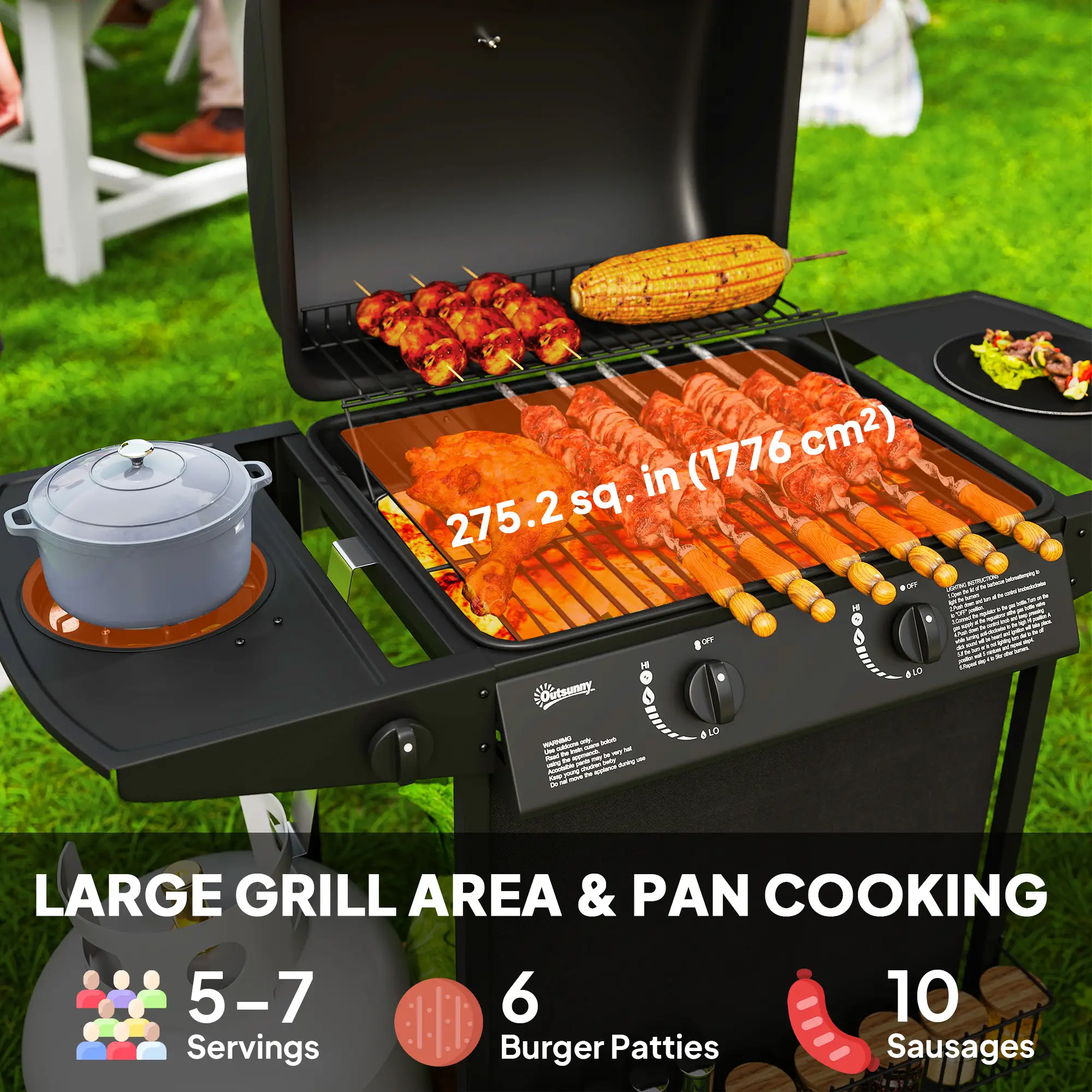 2+1 Burner Propane Gas BBQ Grill, Portable With Side Burner, Thermometer, Black - Image 4