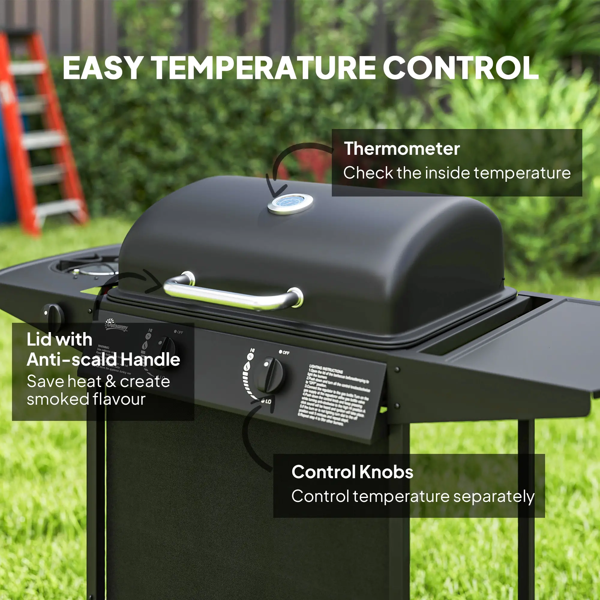 2+1 Burner Propane Gas BBQ Grill, Portable With Side Burner, Thermometer, Black - Image 5