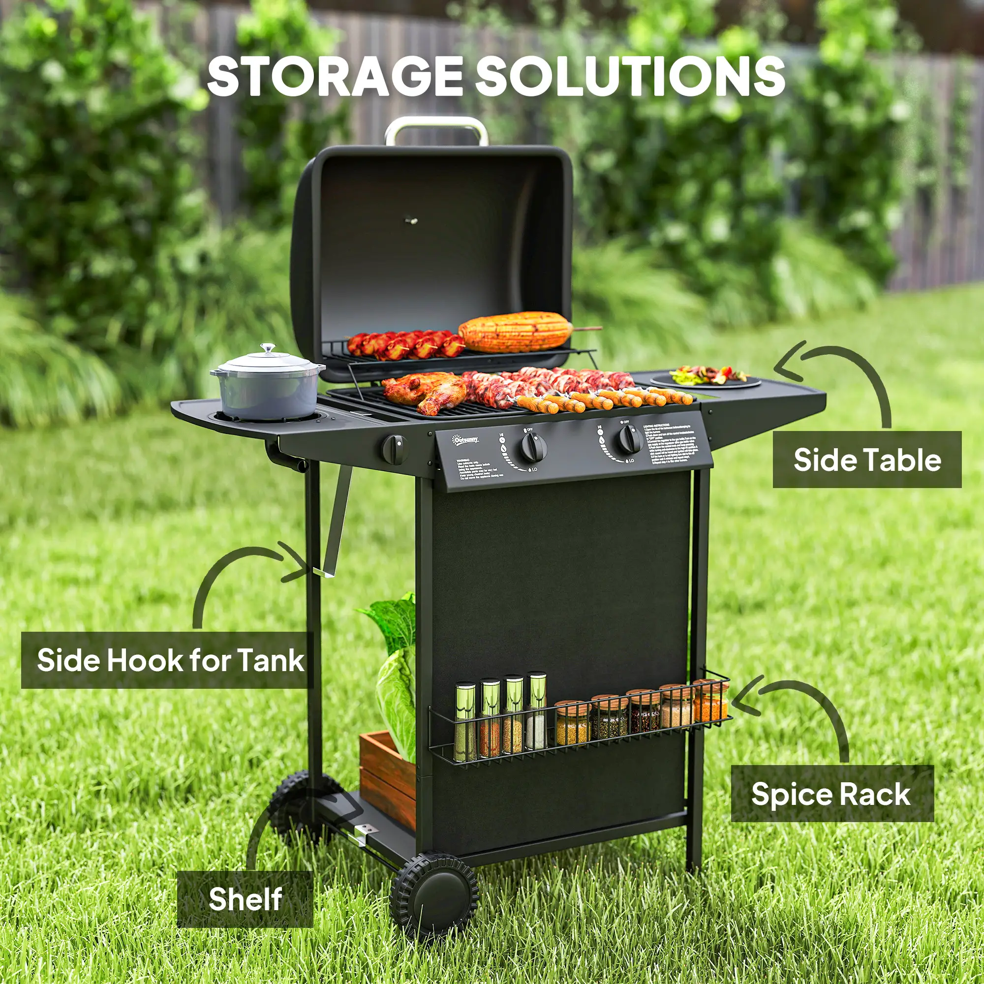 2+1 Burner Propane Gas BBQ Grill, Portable With Side Burner, Thermometer, Black - Image 6