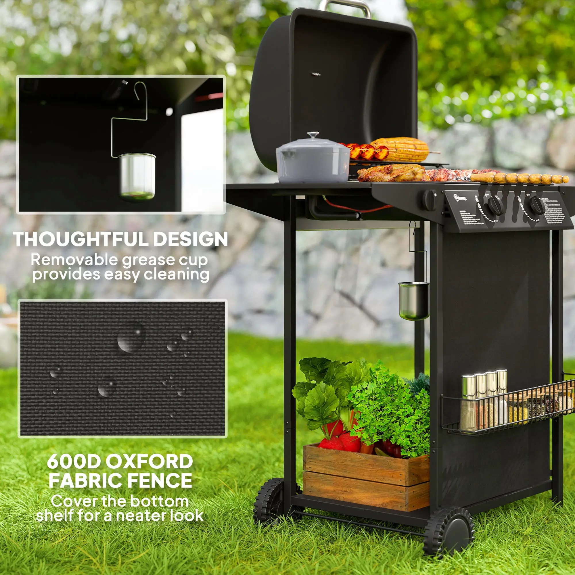 2+1 Burner Propane Gas BBQ Grill, Portable With Side Burner, Thermometer, Black - Image 7