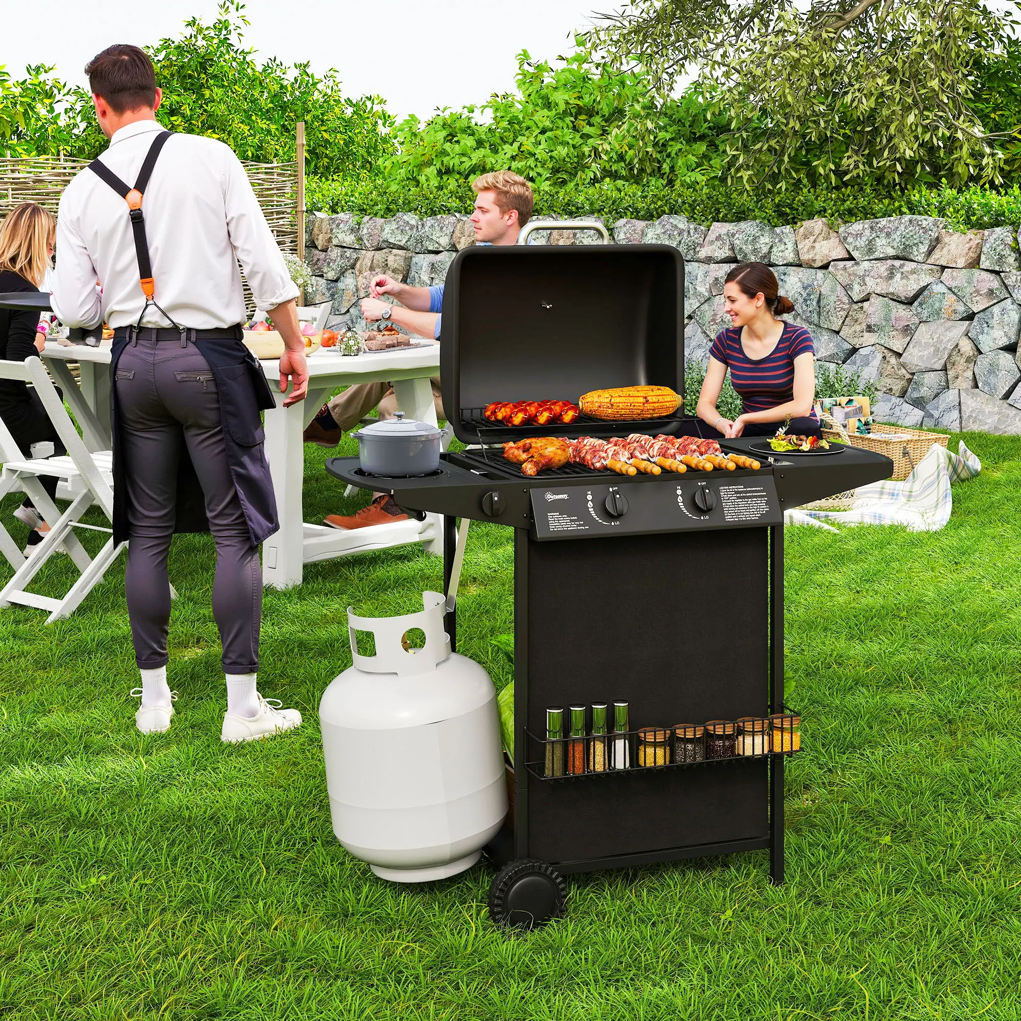 2+1 Burner Propane Gas BBQ Grill, Portable With Side Burner, Thermometer, Black - Image 8